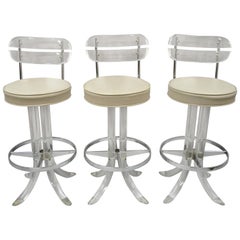 Hill Mfg Lucite Swivel Seat Tusk Barstools Chair Charles Hollis Jones, Set of 3