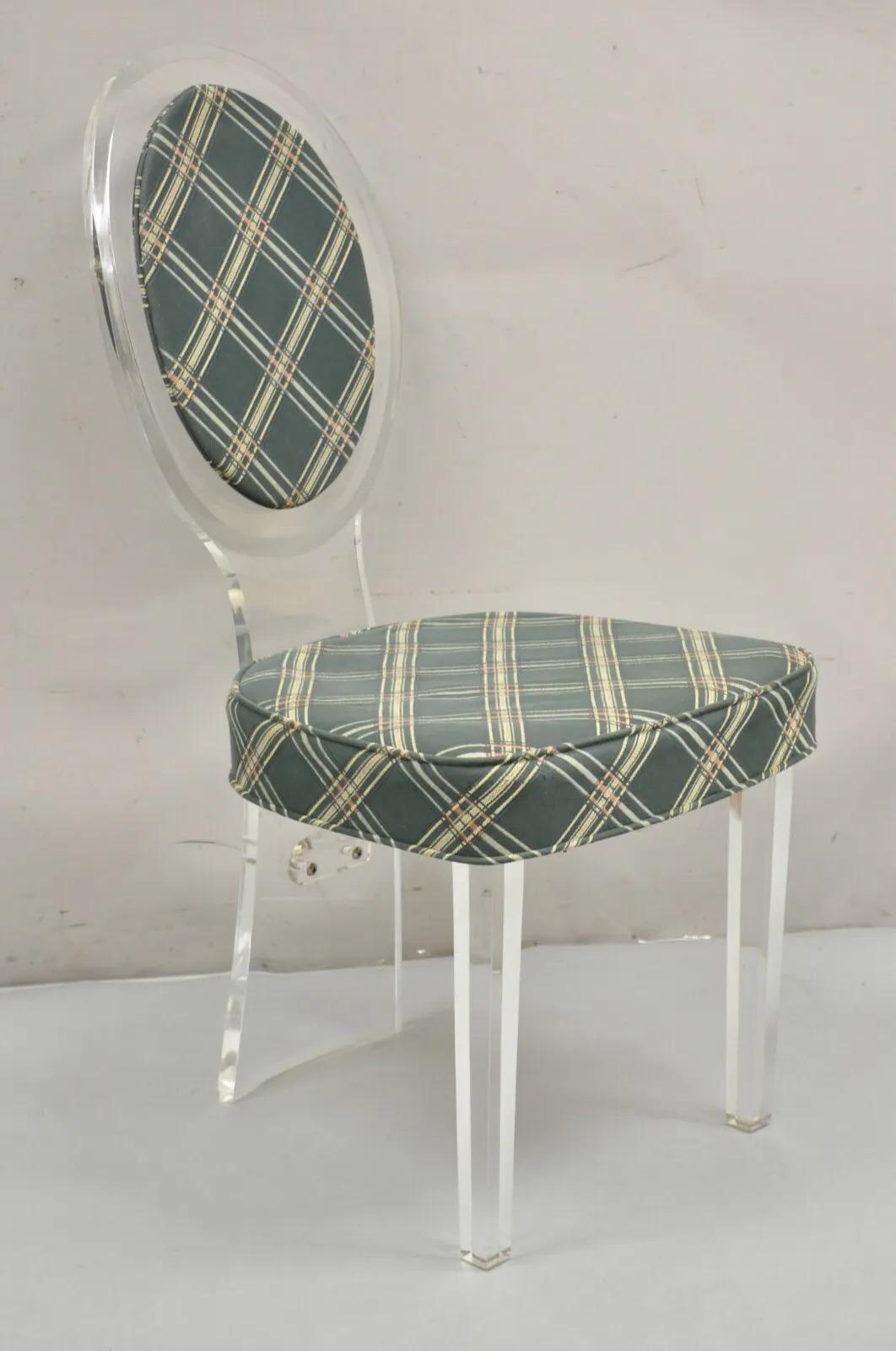 Hill Mfg Mid Century Modern Lucite Oval Cameo Back Upholstered Vanity Side Chair. Circa 1970. Measurements: 37.5