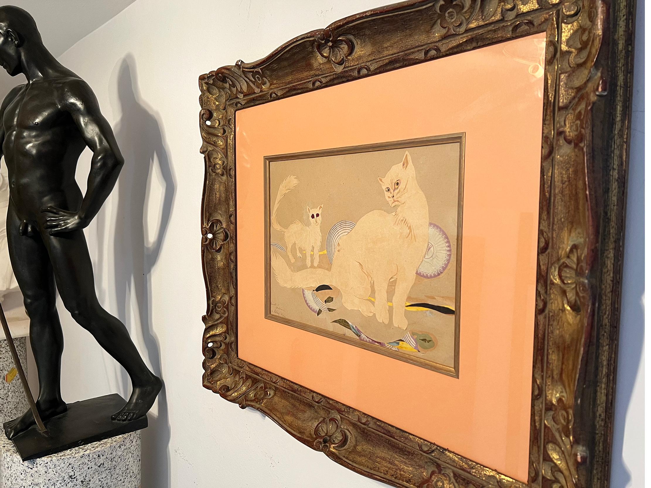 Cat Friends Portrait, Collage on Paper - Guggenheim Museum Founder - Beige Animal Painting by Hilla Rebay von Ehrenwiesen