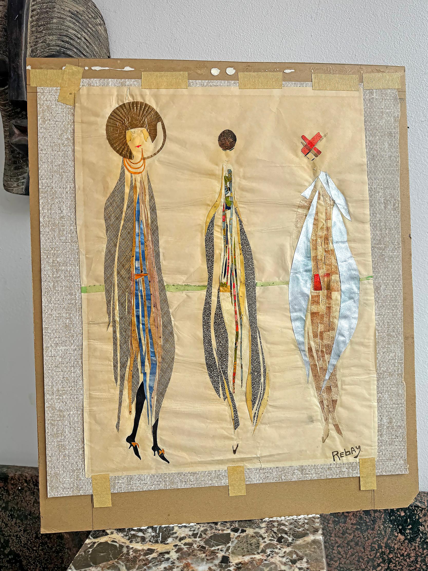 Drei High-Fashion-Modelle in Avantgarde-Kleidung - Schnitt  Papier-Collage (Feministische Kunst), Mixed Media Art, von Hilla Rebay von Ehrenwiesen