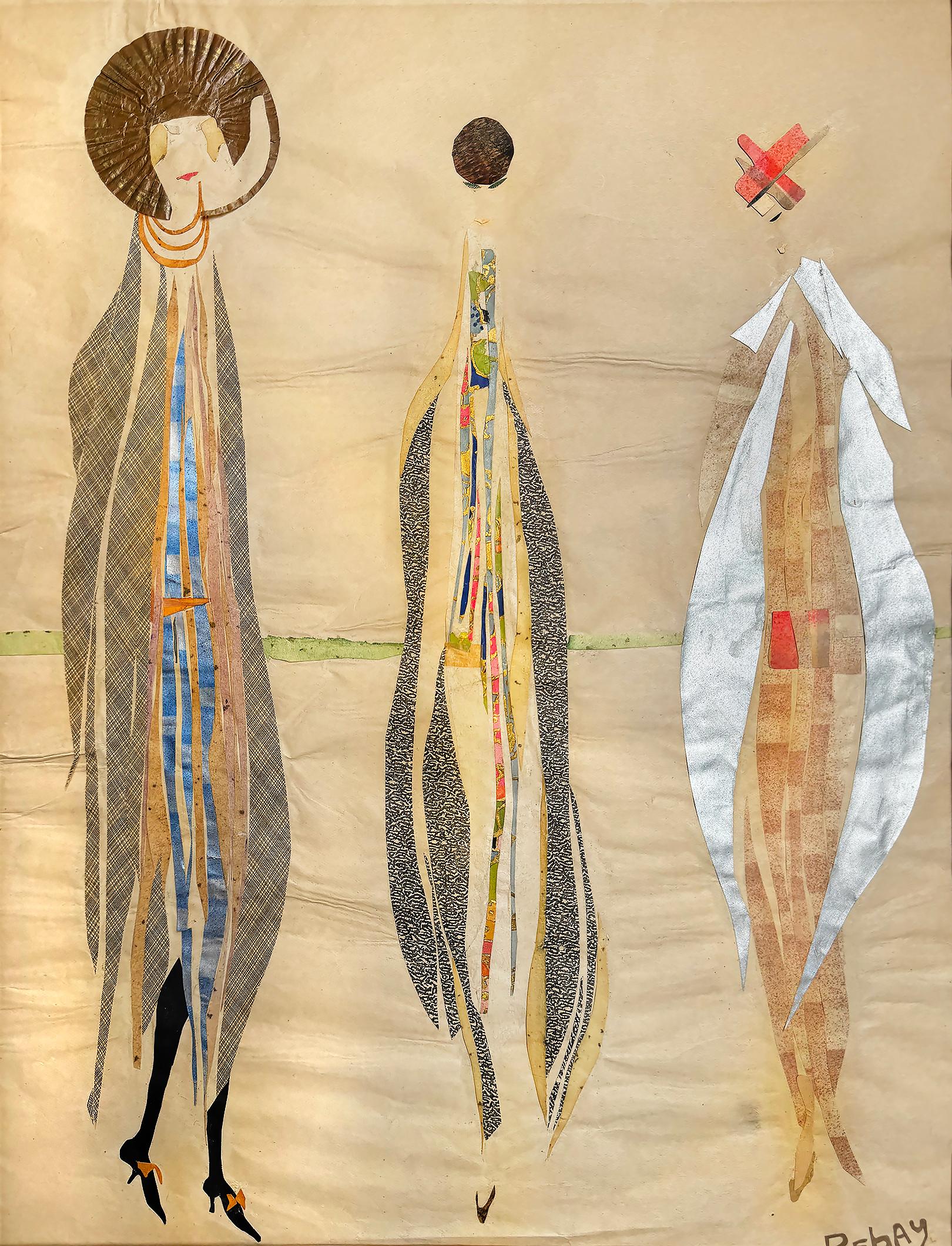 Drei High-Fashion-Modelle in Avantgarde-Kleidung - Schnitt  Papier-Collage – Mixed Media Art von Hilla Rebay von Ehrenwiesen