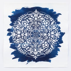 Contemporary Botanical Flora Arrangement Inkjet Print Blue White Pattern