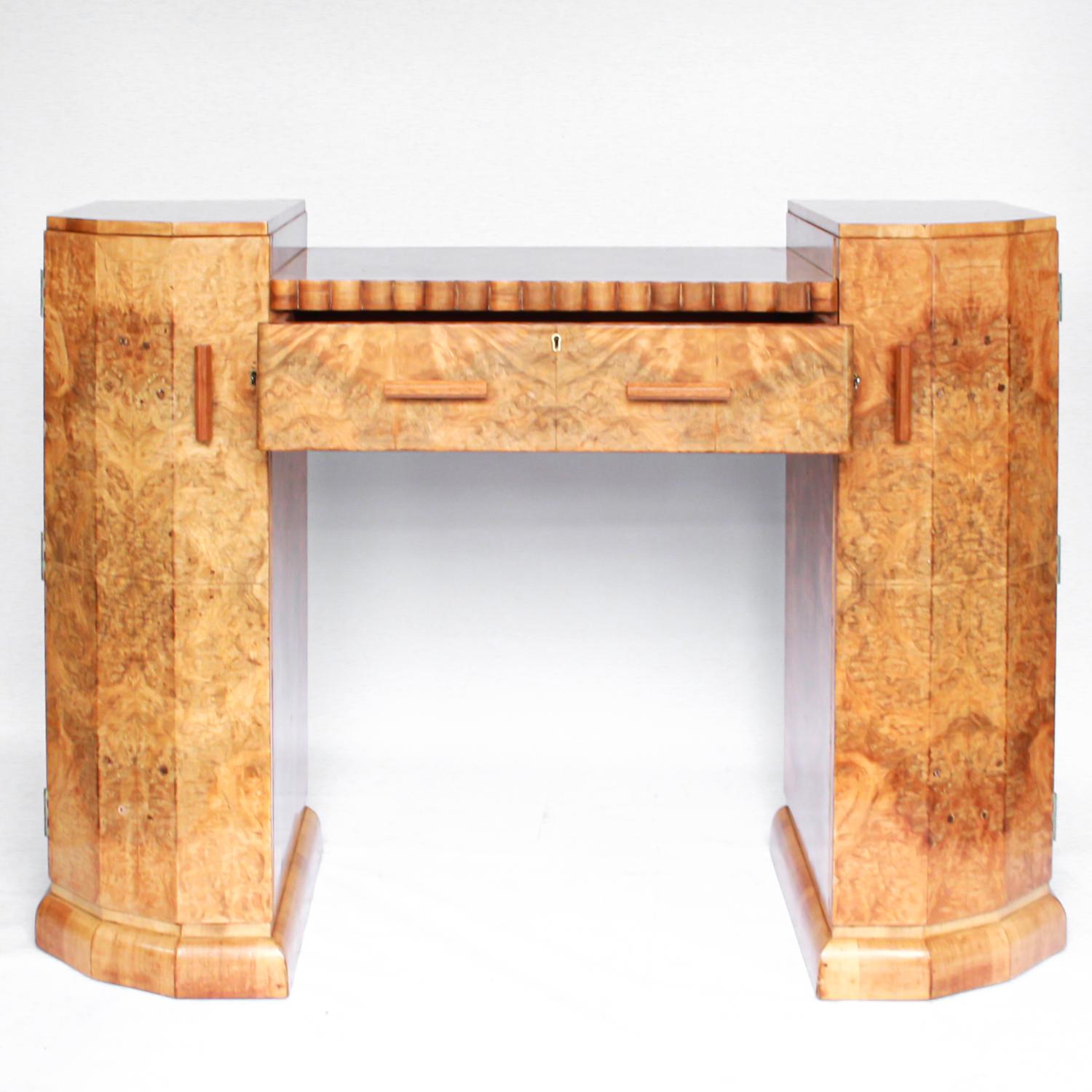 Mid-20th Century Art Deco Hille Sideboard Burr Walnut Veneer Shelved cabinets English Circa 1930