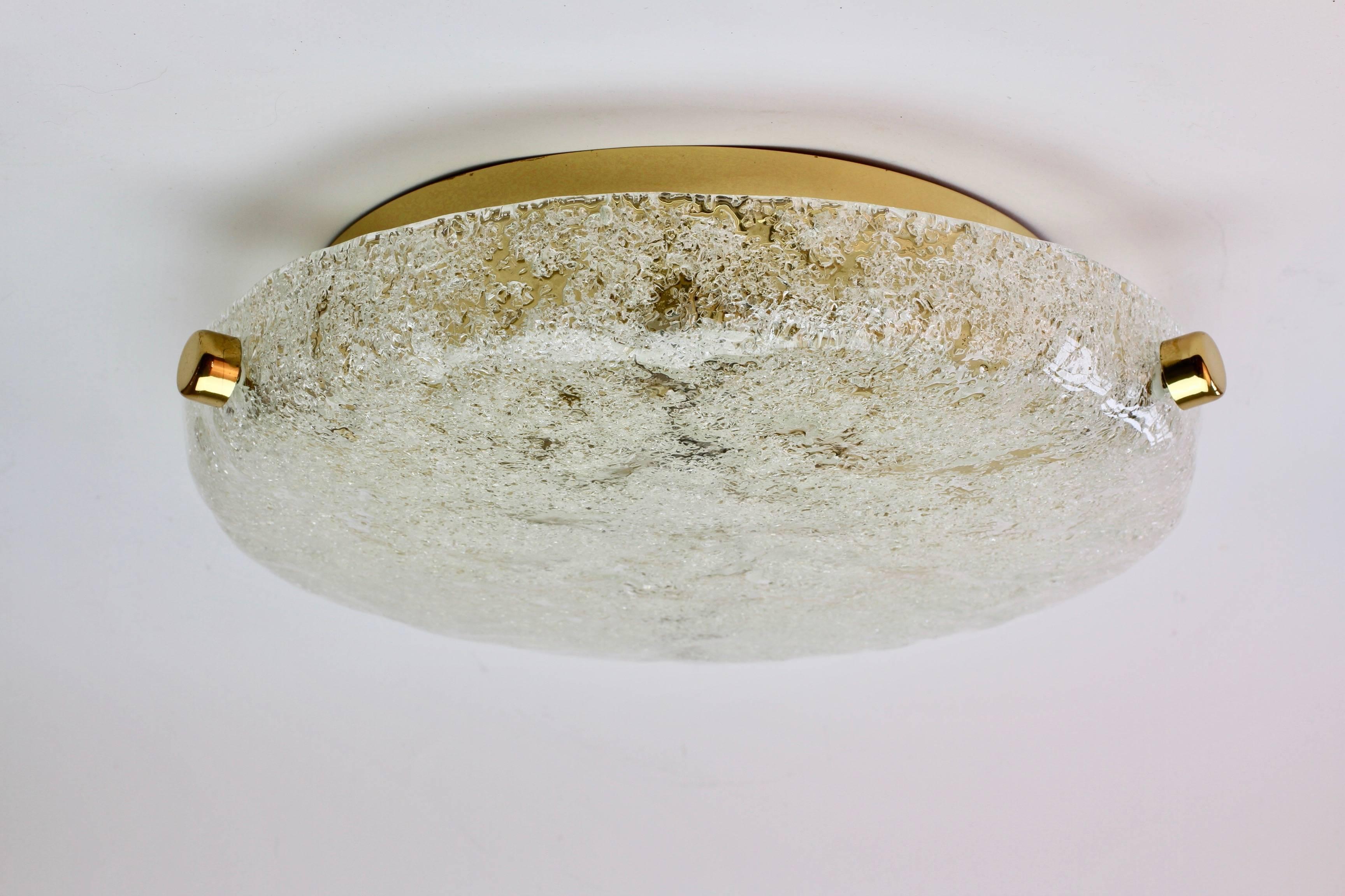 Mid-Century Modern Hillebrand 1970s Textured Murano Glass and Brass Flush Mount Light Fixture