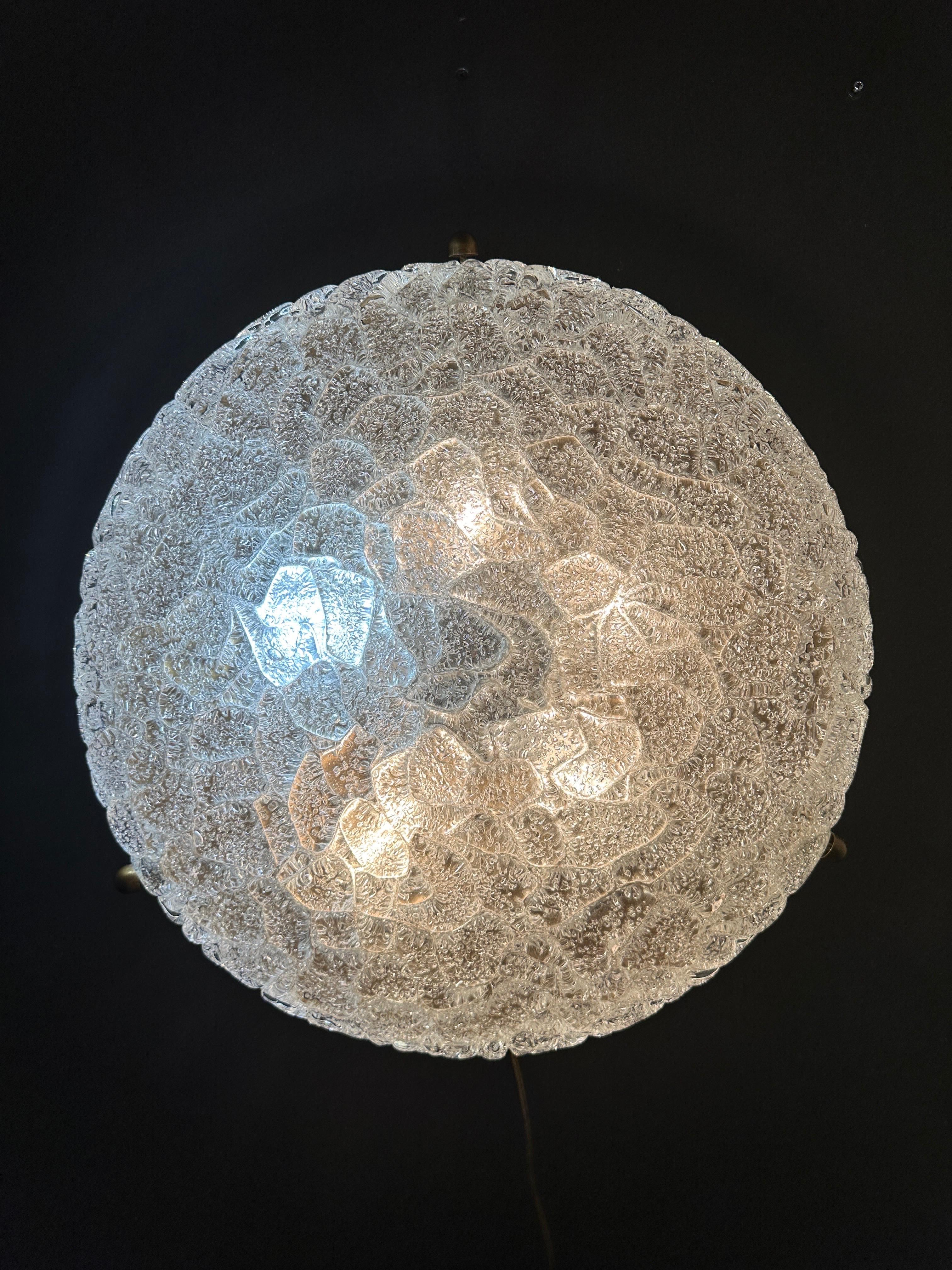 Extra large Hillebrand textured bubble glass and patinated brass wall or ceiling flush mount round light fixture. Requires 5 up to 40watt bulbs.