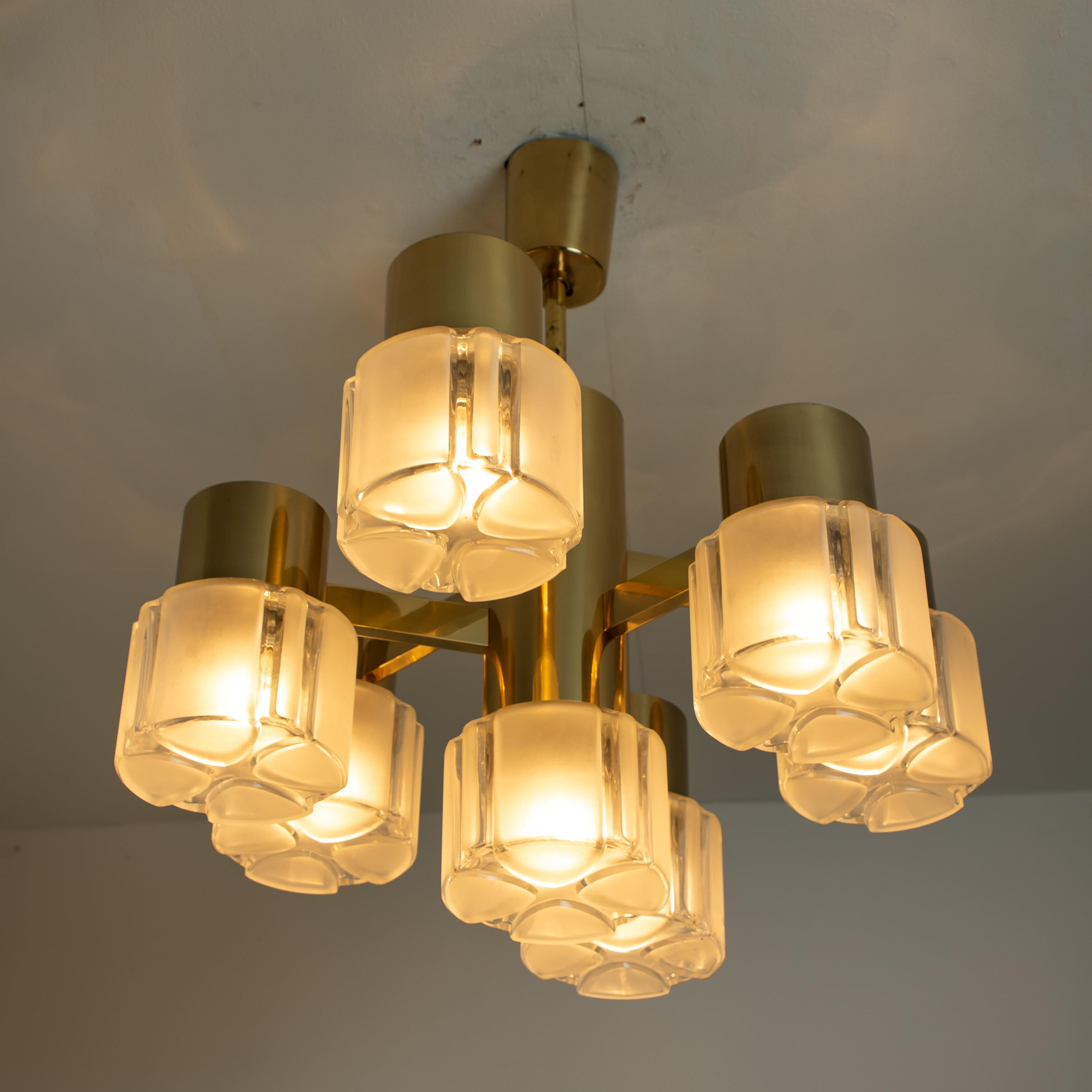 Hillebrand Chandelier Matt and Clear Glass Shades and Brass, circa 1970s Germany For Sale 7