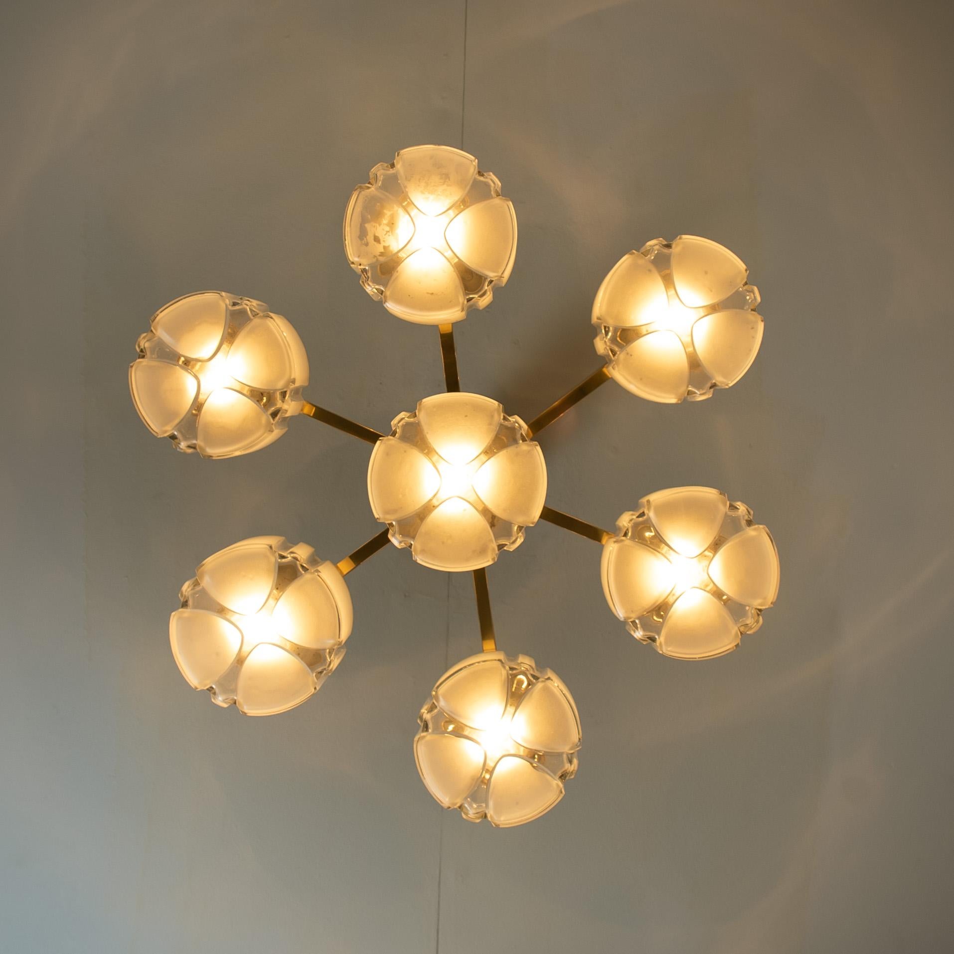 Hillebrand Chandelier Matt and Clear Glass Shades and Brass, circa 1970s Germany For Sale 8