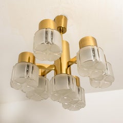 Hillebrand Chandelier Matt and Clear Glass Shades and Brass, circa 1970s Germany