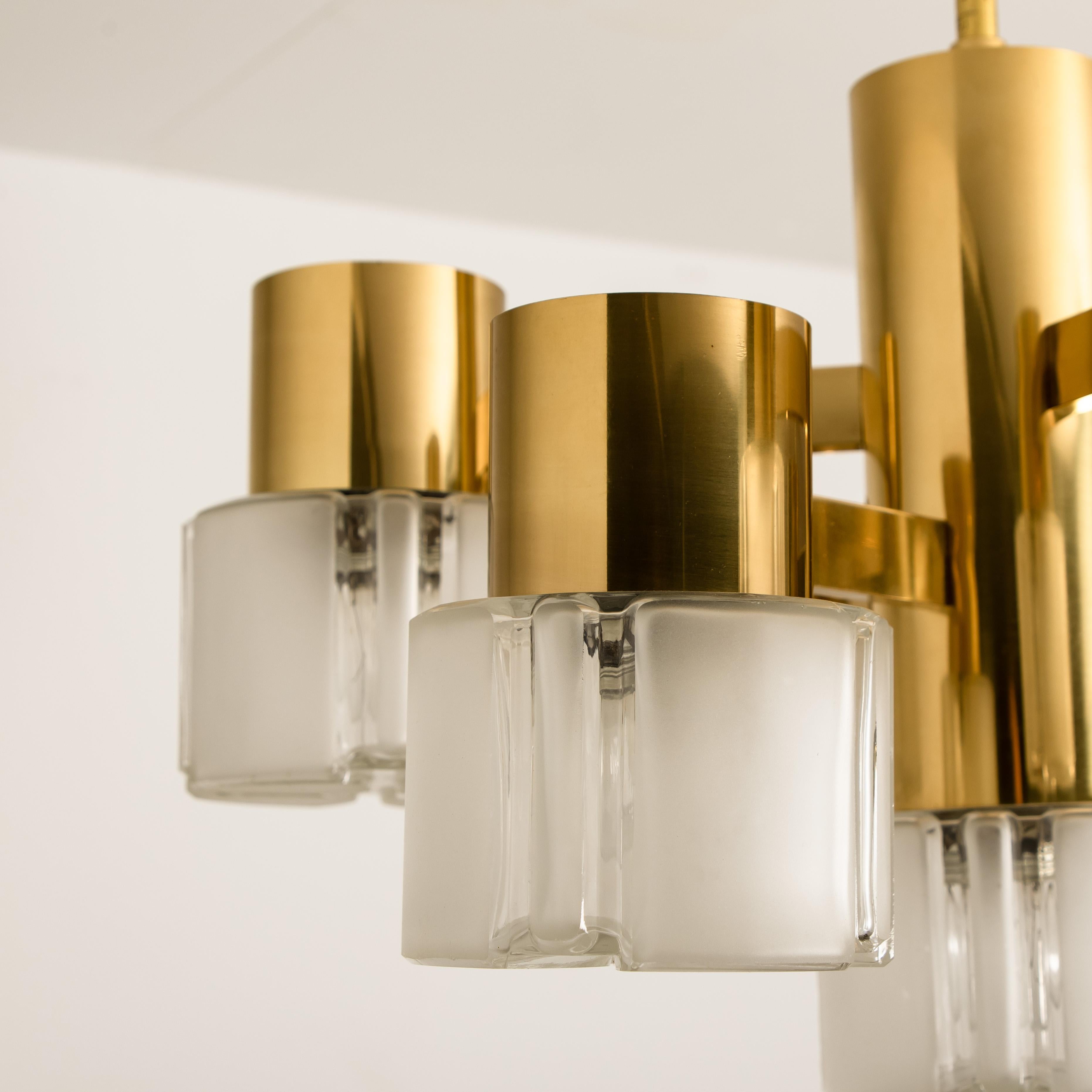 Mid-Century Modern Hillebrand Chandelier Matt and Clear Glass Shades and Brass, circa 1970s Germany For Sale