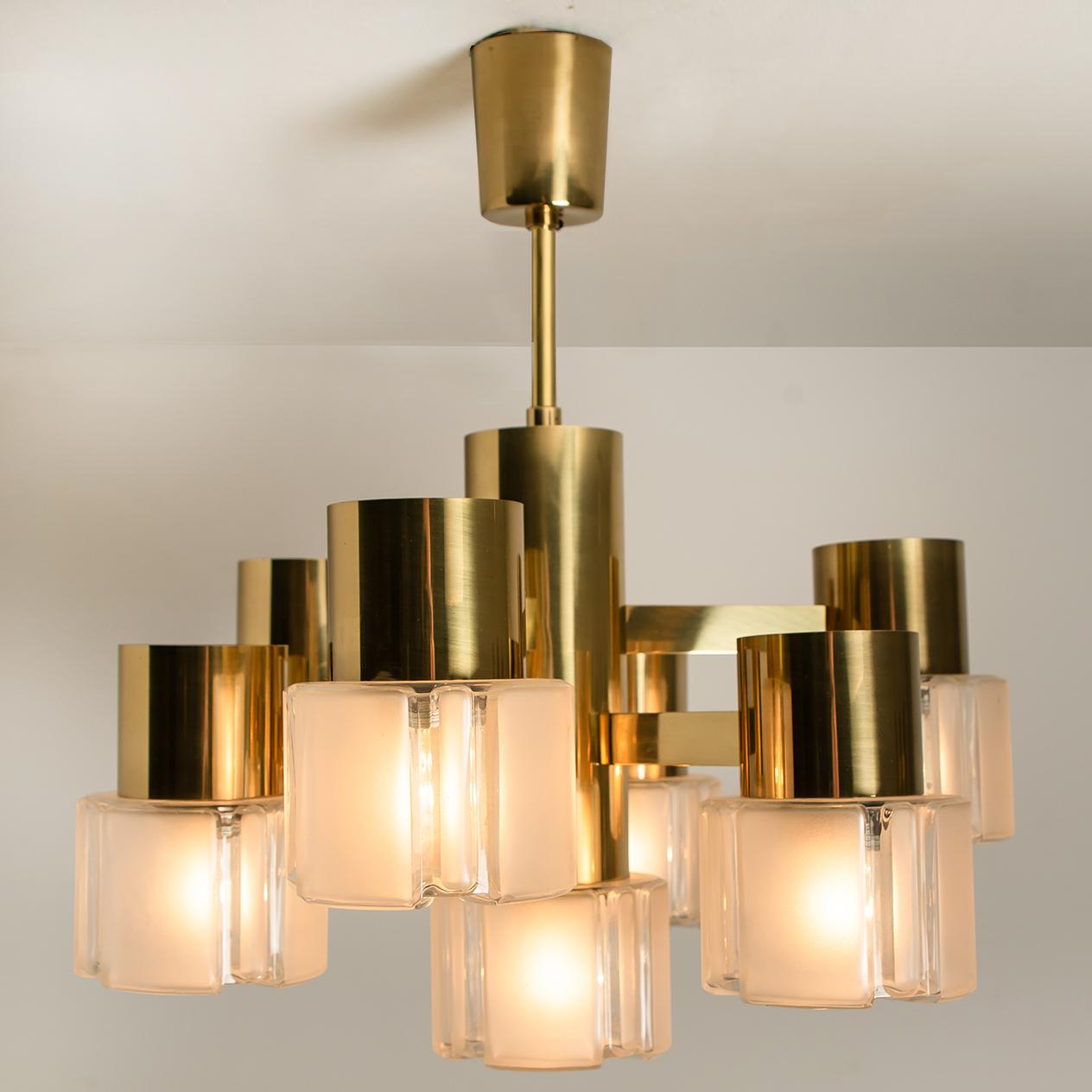 Mid-20th Century Hillebrand Chandelier Matt and Clear Glass Shades and Brass, circa 1970s Germany For Sale