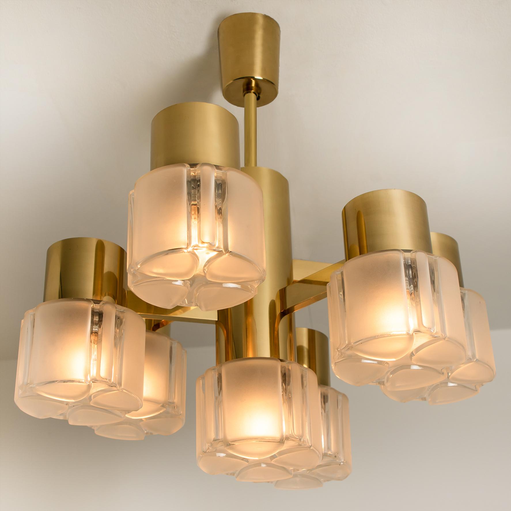 Hillebrand Chandelier Matt and Clear Glass Shades and Brass, circa 1970s Germany For Sale 1