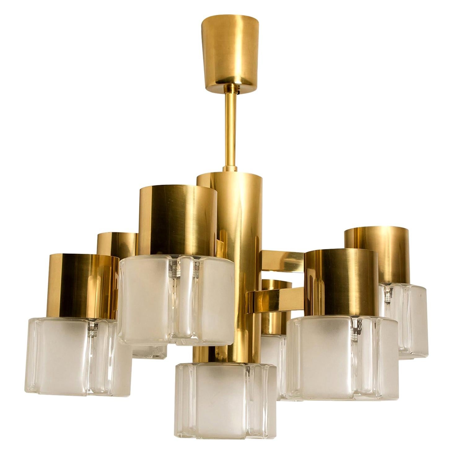 Hillebrand Chandelier Matt and Clear Glass Shades and Brass, circa 1970s Germany For Sale