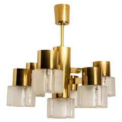 Vintage Hillebrand Chandelier Matt and Clear Glass Shades and Brass, circa 1970s Germany