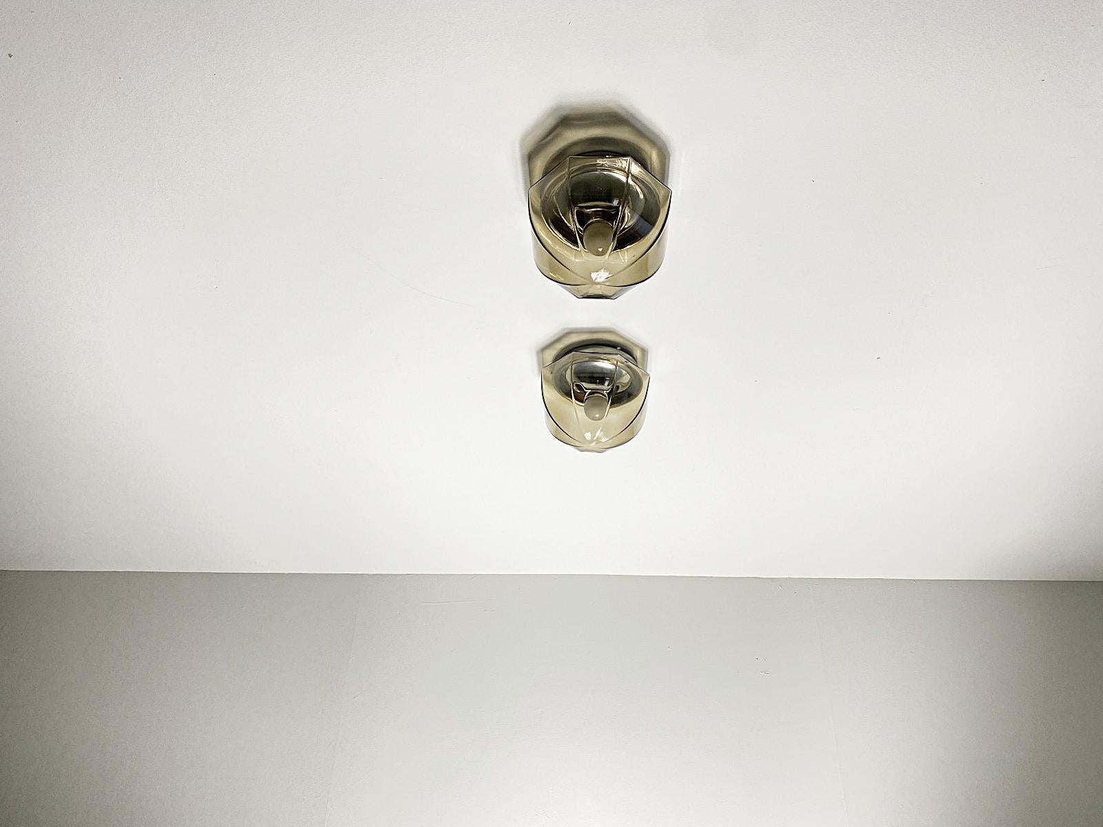 Hand-Crafted Hillebrand Chrome & Smoked Glass Sconce Flush Mount Lights, 1970s, Germany For Sale