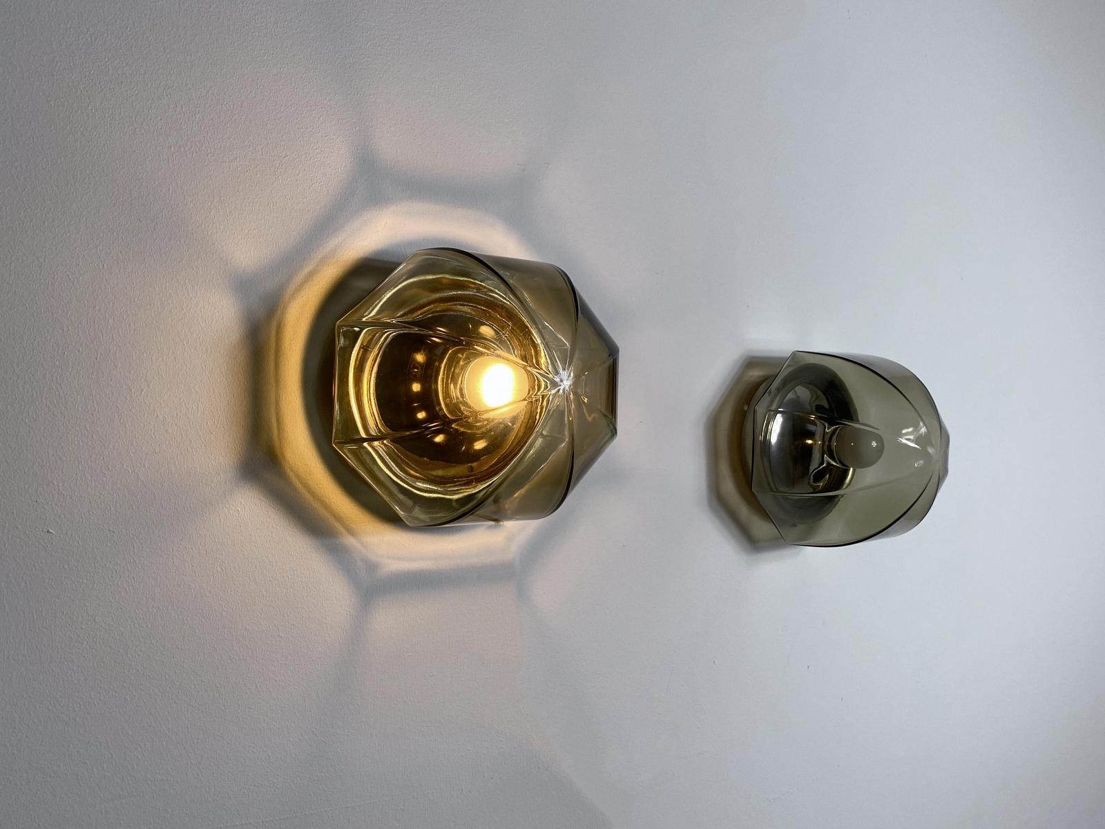 Blown Glass Hillebrand Chrome & Smoked Glass Sconce Flush Mount Lights, 1970s, Germany For Sale