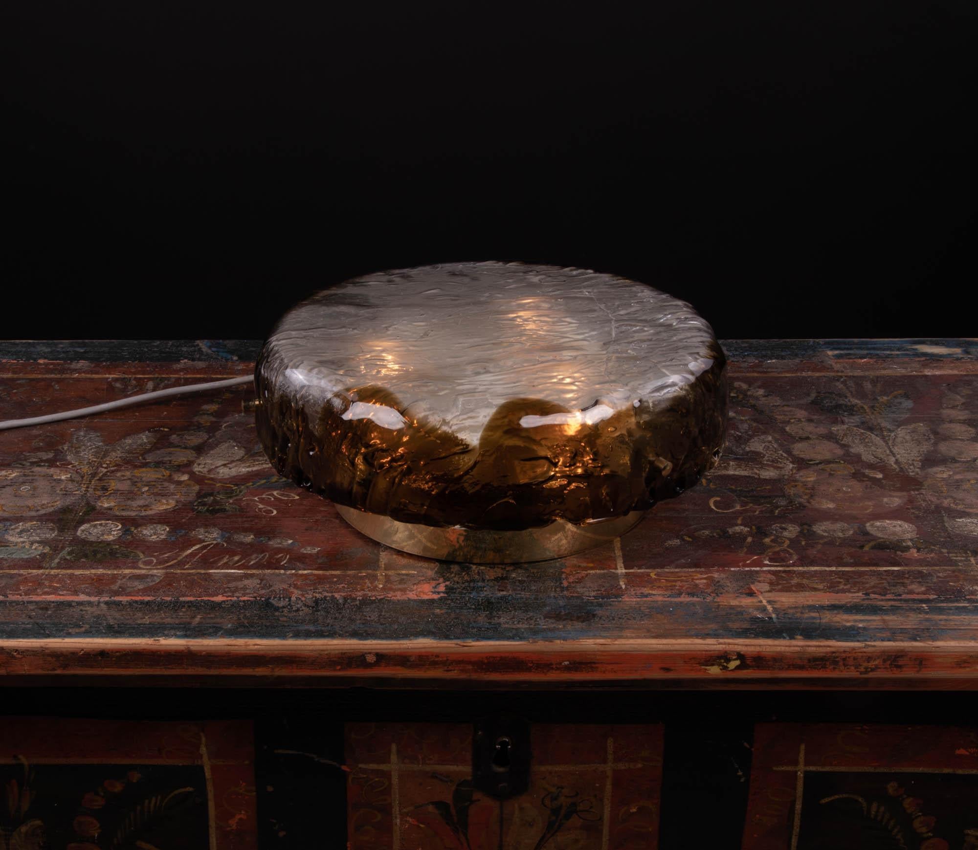 1960 German Hillebrand Flush Mount Ceiling Light Amber Murano Glass & Brass In Good Condition In Niederdorfelden, Hessen