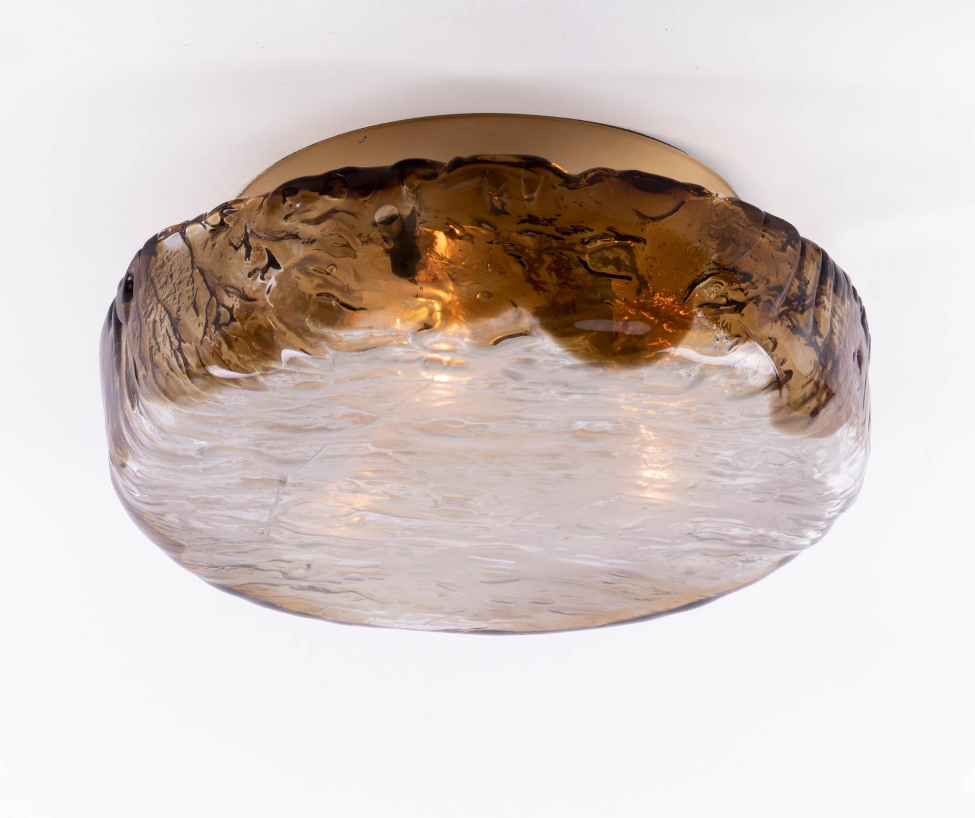 Mid-20th Century 1960 German Hillebrand Flush Mount Ceiling Light Amber Murano Glass & Brass