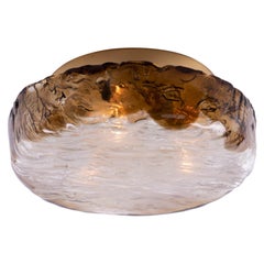 1960 German Hillebrand Flush Mount Ceiling Light Amber Murano Glass & Brass