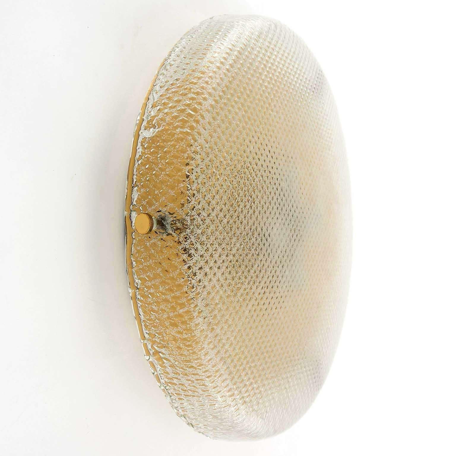 Mid-20th Century Hillebrand Flush Mount or Wall Light Fixture, Brass Square Pattern Glass, 1970