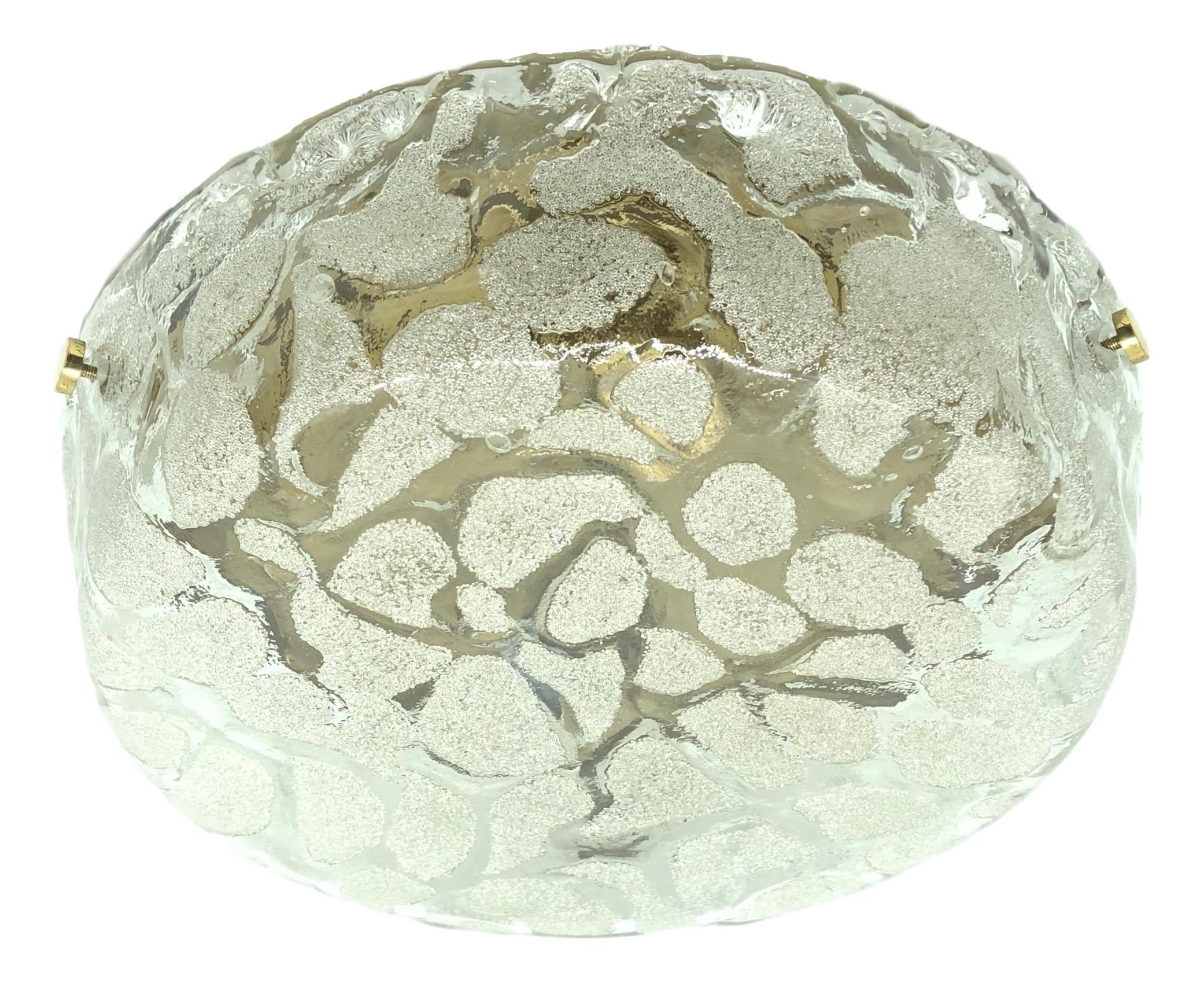 A gorgeous metal and glass flush mount by Hillebrand. Very heavy Murano ice pattern glass. The flush mount requires two European E27 Edison bulbs, each up to 60 watts. Metal fixture, with brass screws.