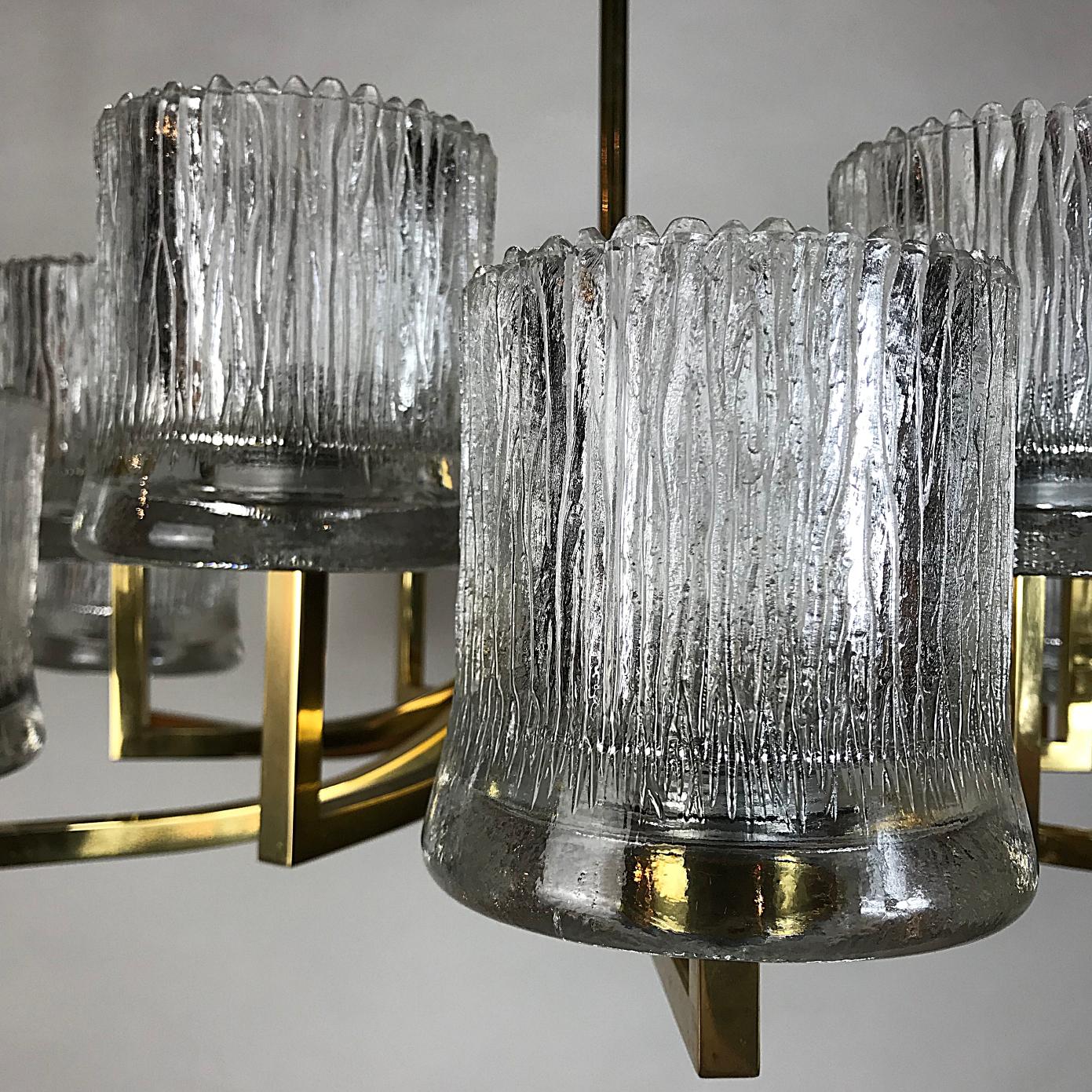 Polished Hillebrand Midcentury Spider Chandelier Ice Glass & Brass, 1960s, Germany For Sale