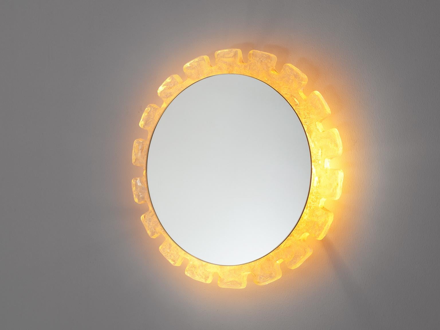 Hillebrand lighting, illuminated mirror with acrylic ice ring, Germany, 1960s.

Wall-mounted mirror with round geometric structure which circulates around it. Stylish round illuminated circular shape which gives a better visibility. The reflected