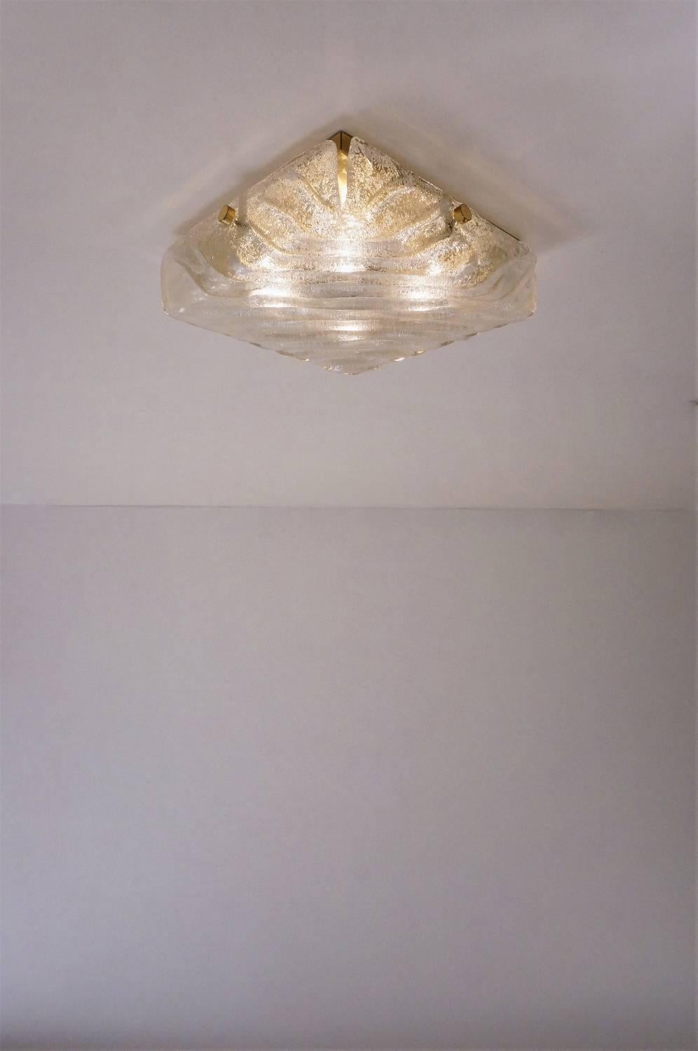 Late 20th Century Hillebrand Square Flush Light Brass and Glass, circa 1970s, German For Sale