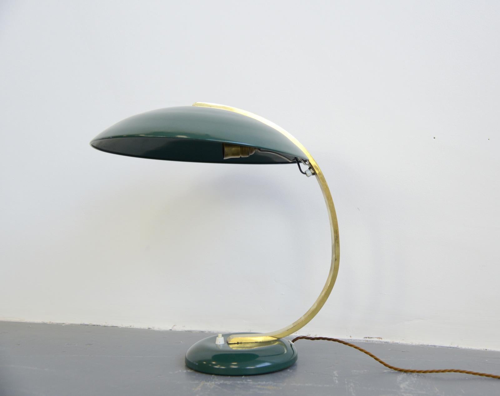 Hillebrand table lamp, circa 1930s

- Brass arm with dark green base and shade
- Takes E27 fitting bulbs
- On/Off switch on the base
- Branded on the base
- Original rubber feet
- Made by Hillebrand, Neheim
- 43cm tall x 42cm deep x 36cm