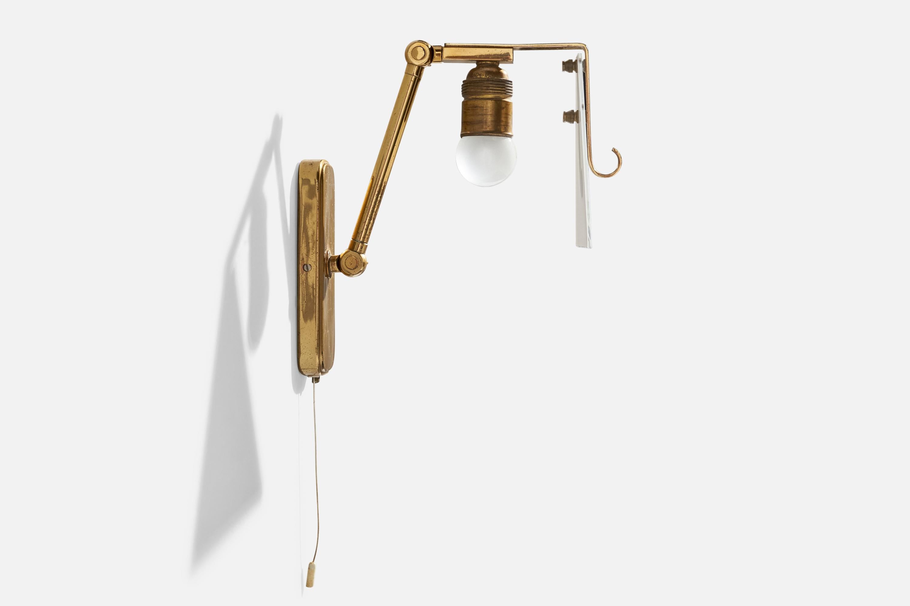 Hillebrand, Wall Light, Brass, Glass, Germany, 1950s In Good Condition For Sale In High Point, NC