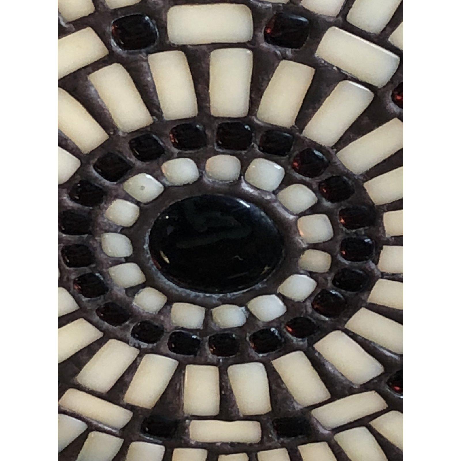 A Venetian dome chandelier by Hilliard Lighting. Handcrafted from hundreds of mosaic hand-cut, glass tiles soldered together and married to a cast bronze frame. Forged from an antique bronze patina with kiln-fired Ivory glass tiles and garnet