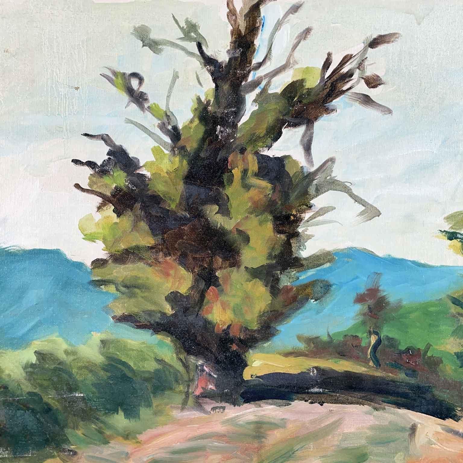 Italian landscape with trees on a hill, oil on canvas cardboard unfraimed painting signed Scaroni at the lower left by the Italian artist Annibale Scaroni born in Lombardy, Brescia 1891 and died in Milan in 1983.
The back of this work shows author