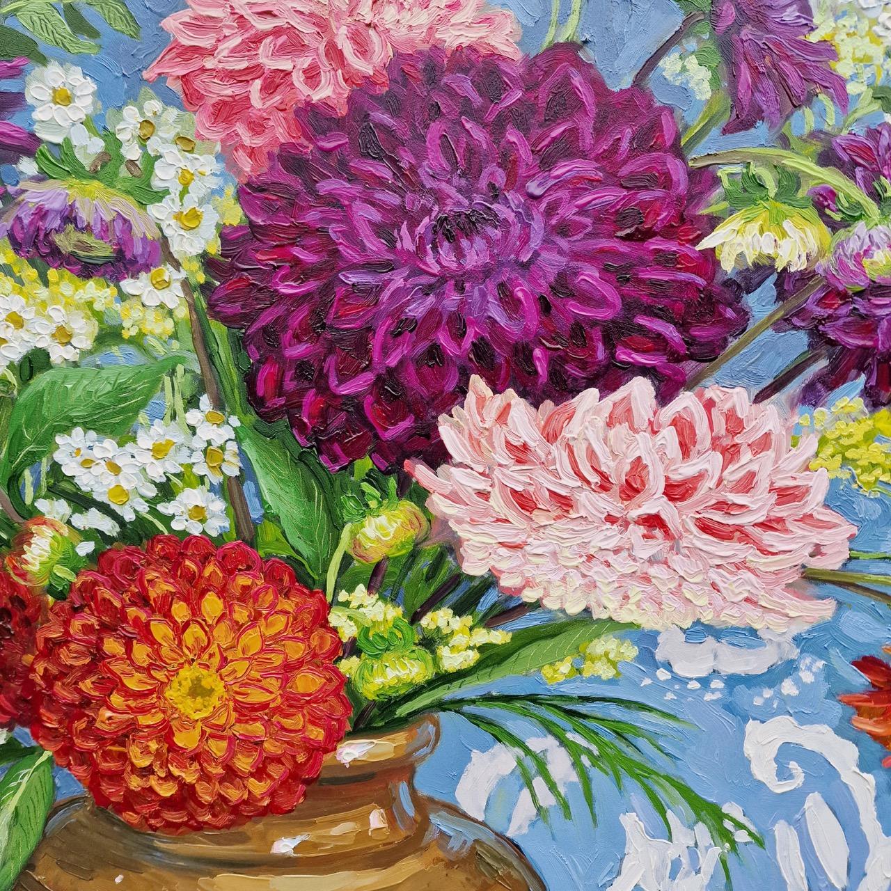 Dahlien am Ende des Sommers mit Kürbis, Originalgemälde, Stillleben, zeitgenössisch im Angebot 1
