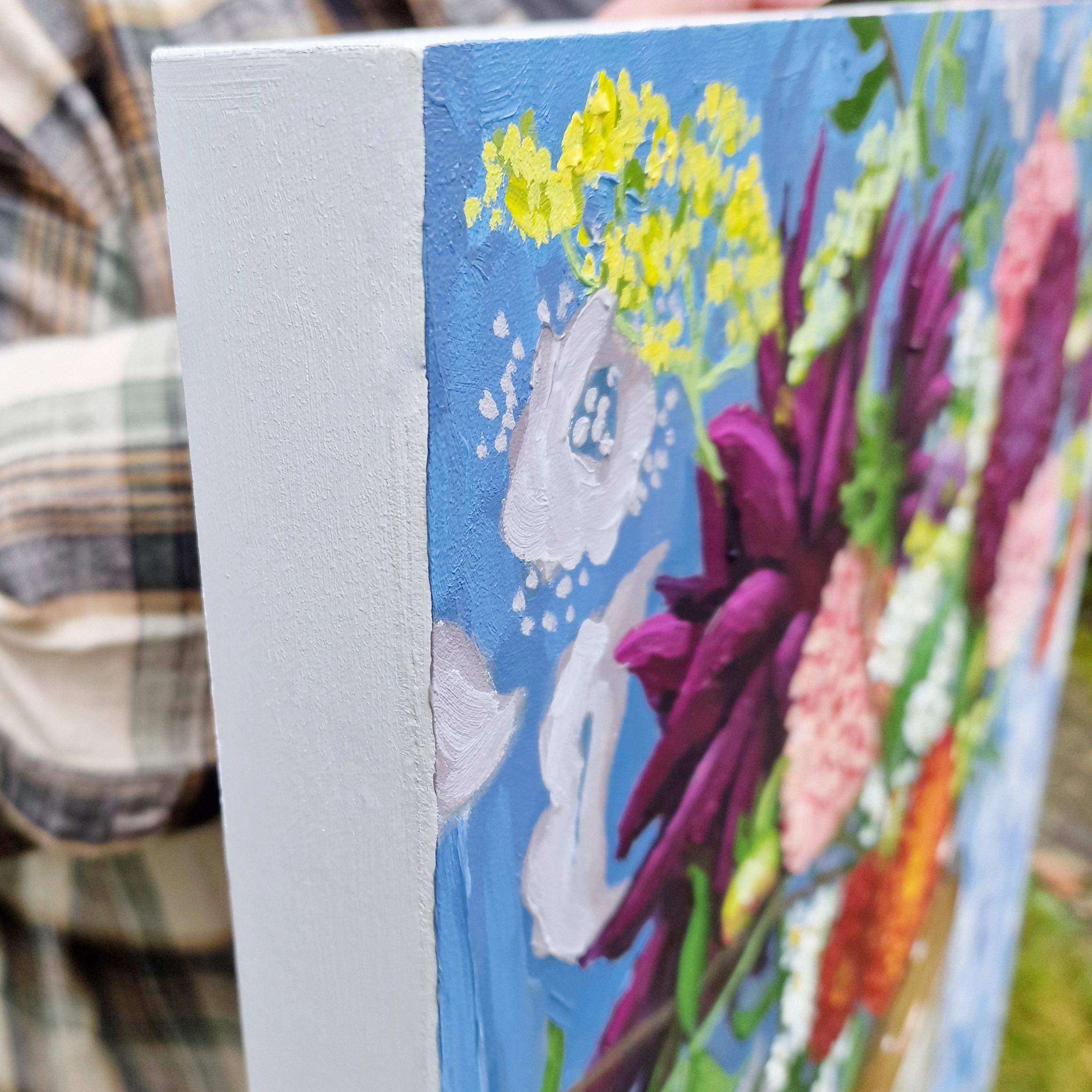 Dahlien am Ende des Sommers mit Kürbis, Originalgemälde, Stillleben, zeitgenössisch im Angebot 2