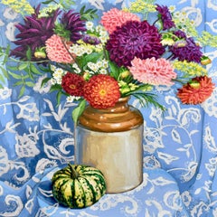 End of Summer Dahlias with Pumpkin, original painting, still-life, contemporary