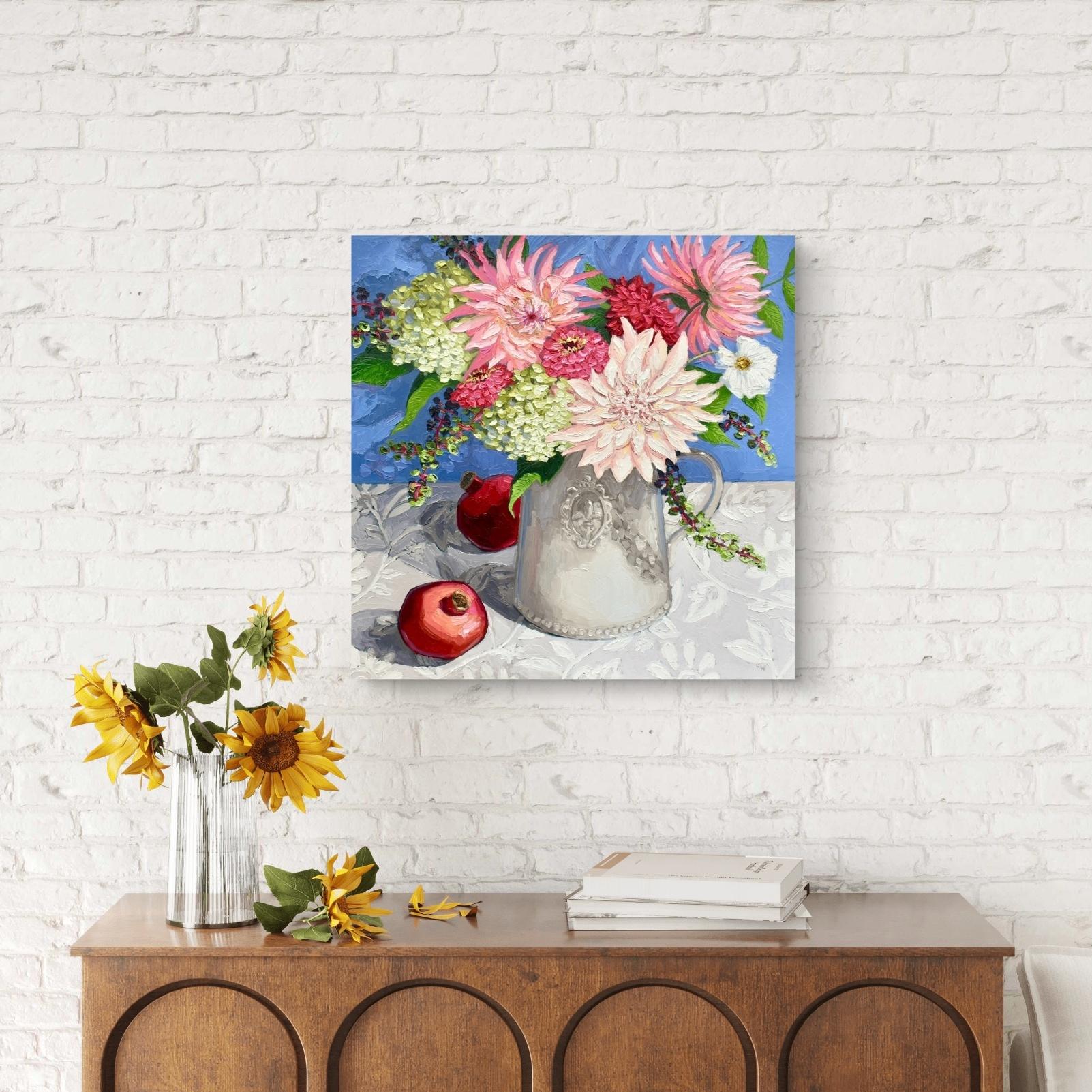 Blumenstrauß der letzten Saison mit Granatapfeln, Originalgemälde, Stillleben im Angebot 1