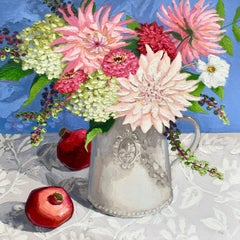 Bouquet dell'ultima stagione con melograni, quadro originale, natura morta