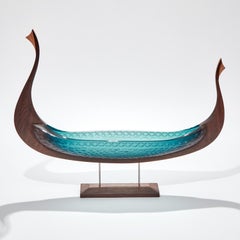 Hlin, Teal & Aqua Glass & Oak Unique Sculpture by Backhaus & Brown and Egeværk