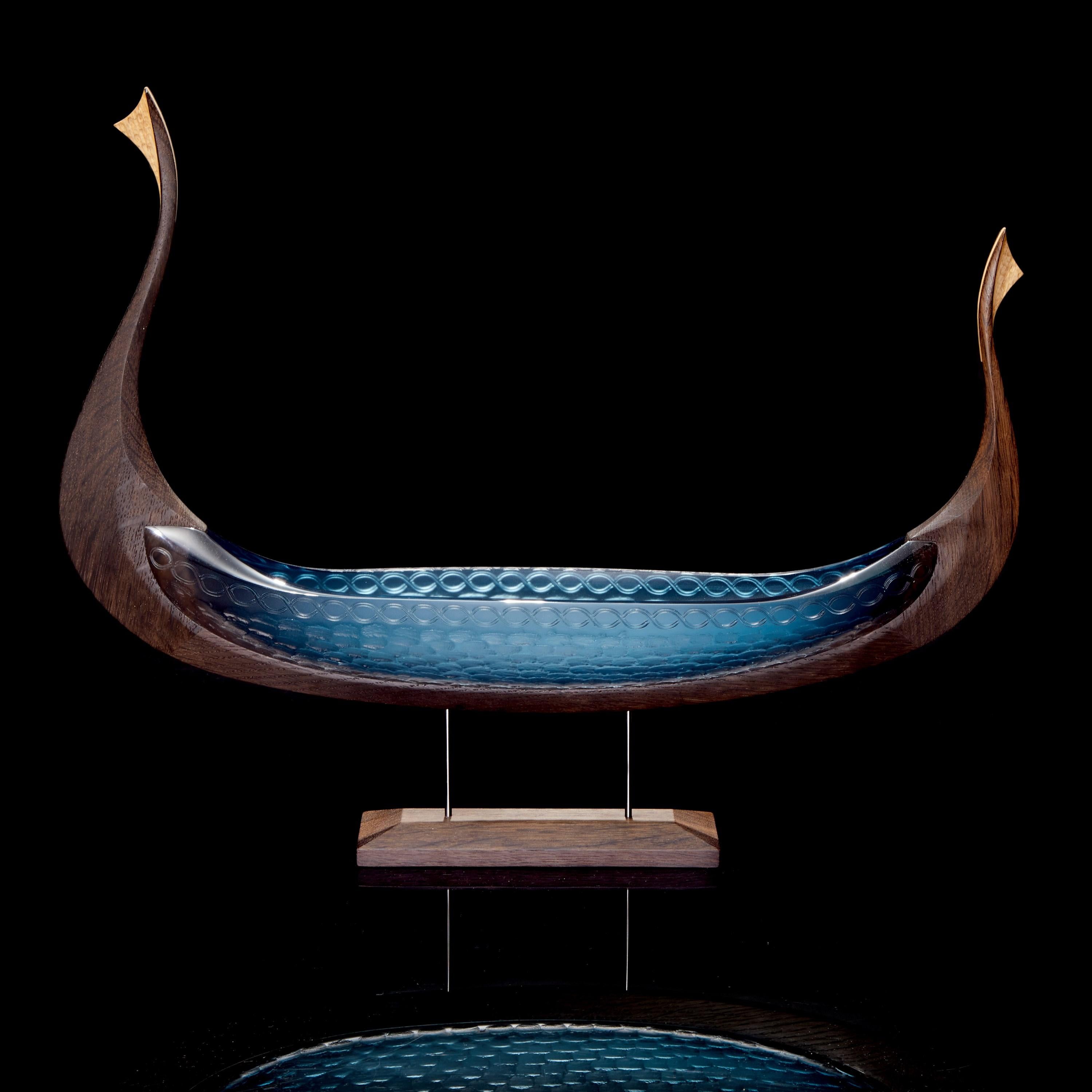Hand-Crafted Hlin, Teal & Aqua Glass & Oak Unique Sculpture by Backhaus & Brown and Egeværk