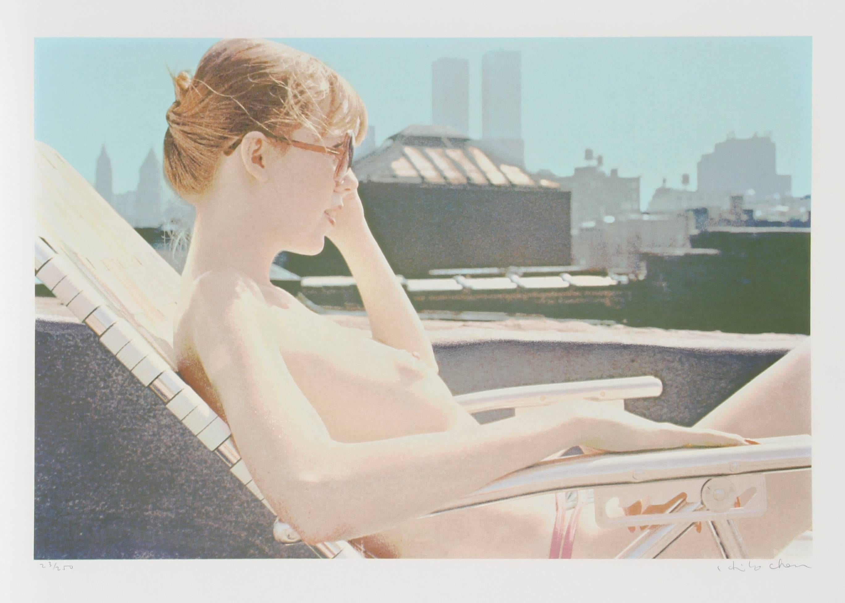 Rooftop Sunbather - Nude Screenprint by Hilo Chen For Sale 1