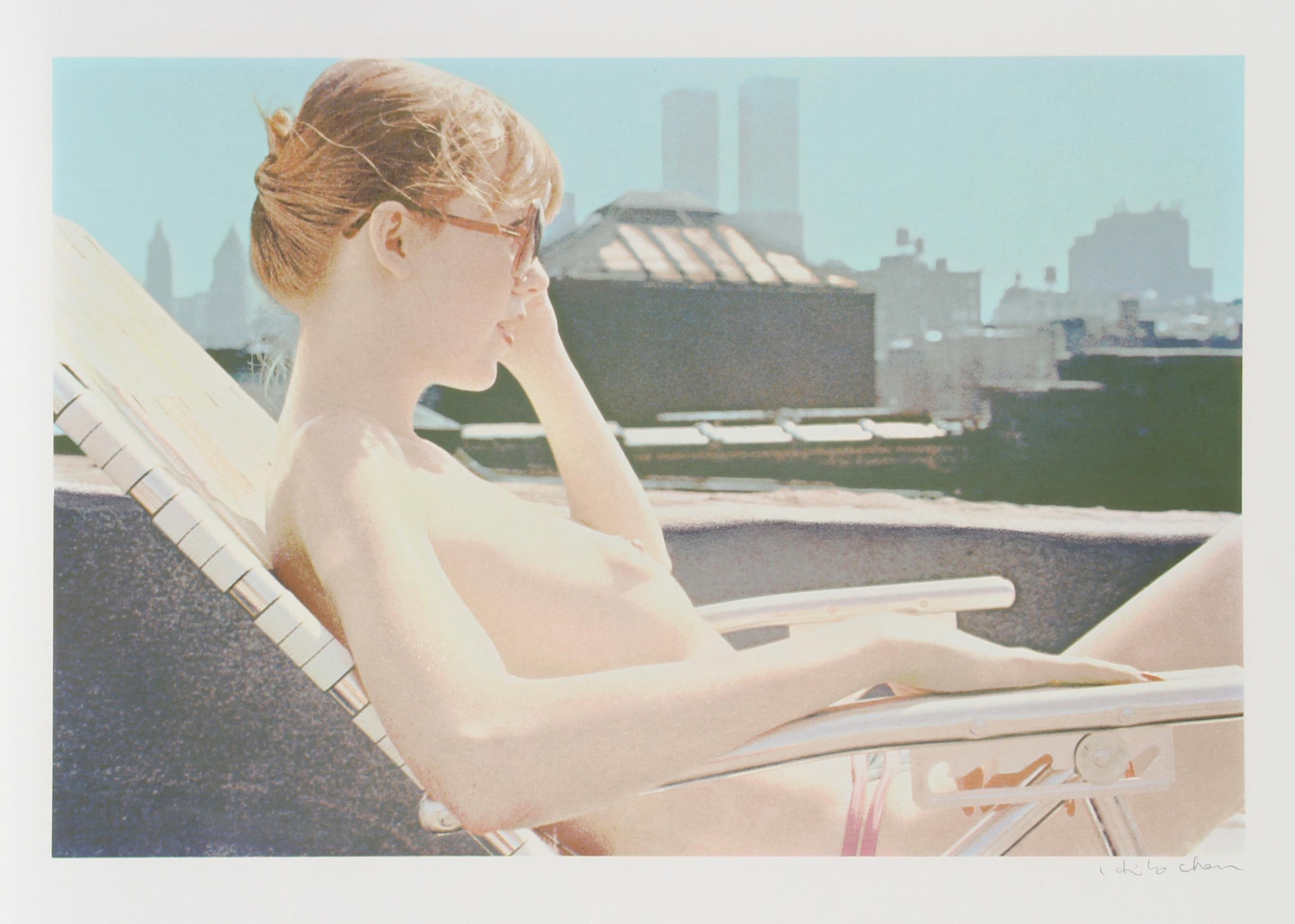 A topless woman basking in the sun on an NYC rooftop. In the distance behind her, the twin towers are visible.

Artist: Hilo Chen
Title: Rooftop Sunbather from the City Scapes Portfolio
Year: 1981
Medium: Silkscreen on White Somerset Satin, signed