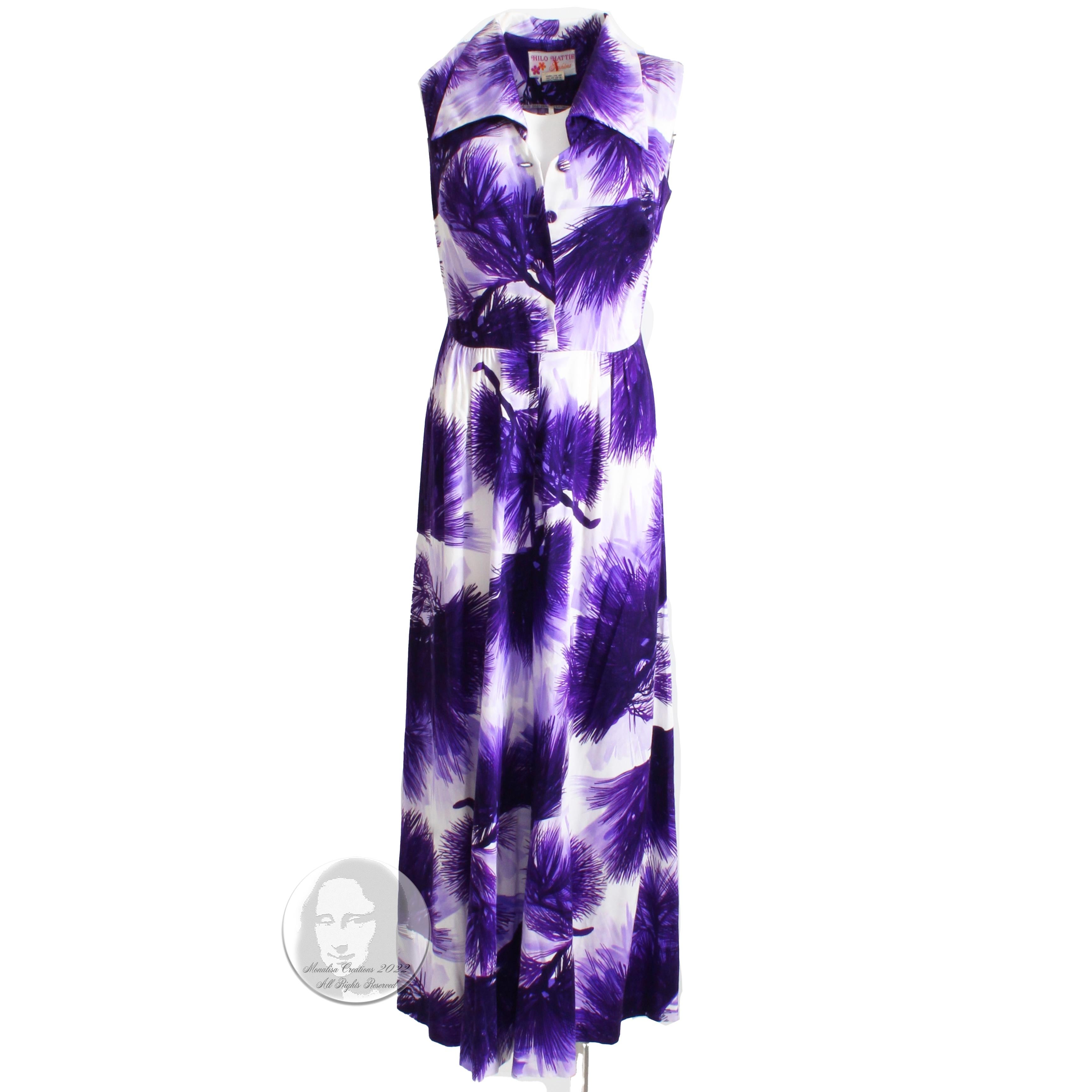 Authentic, preowned, vintage Hilo Hattie Jumpsuit Palazzo Wide Leg, circa 1970. Unlined/poly blend/washable. Super rare and fabulous wide leg or palazzo jumpsuit with gorgeous purple and white floral print. Great for your summer jaunts and pool