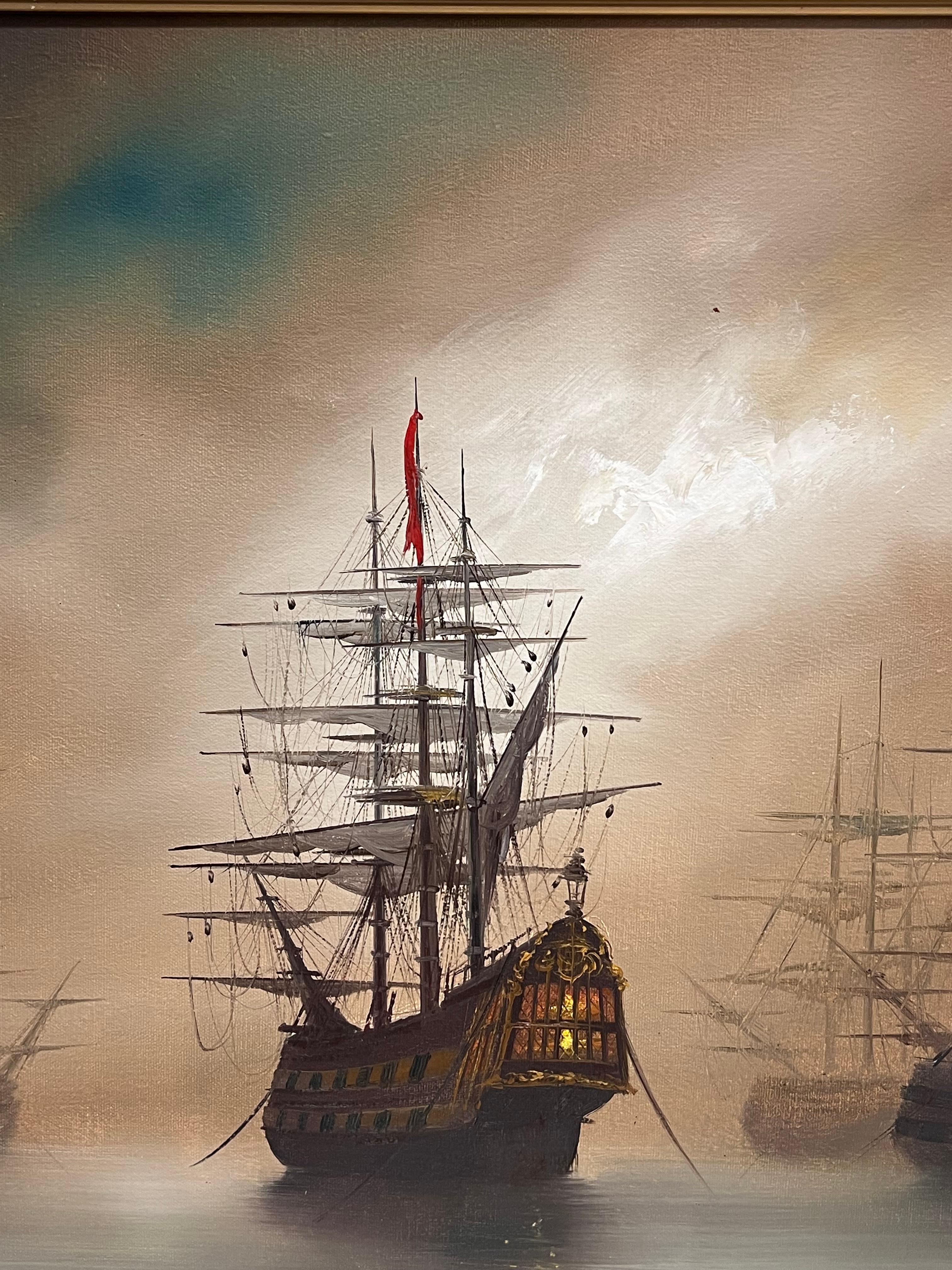 Traditional English Maritime Oil Painting Misty Harbour Tall Ships Anchored Dusk For Sale 7