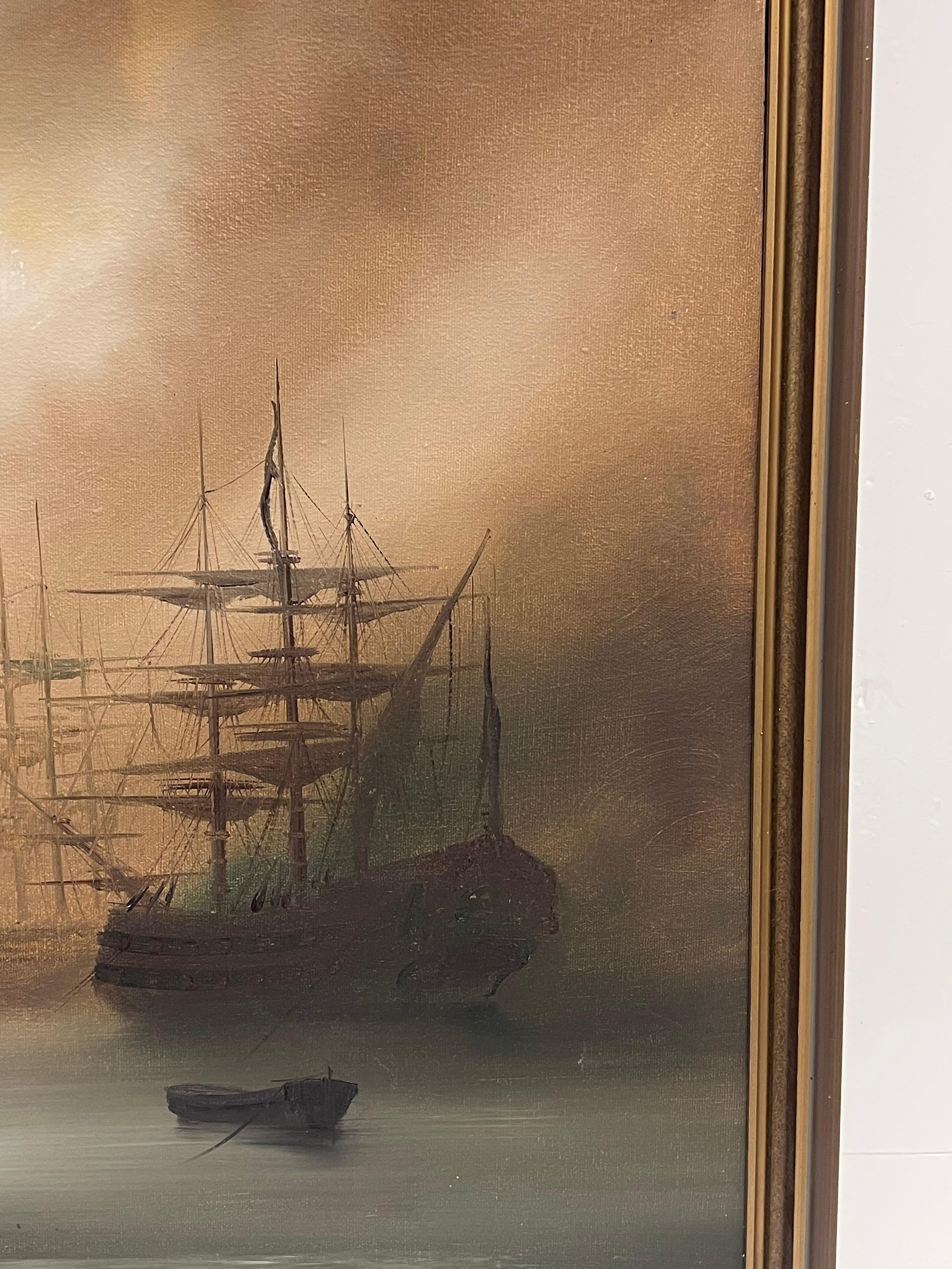 Traditional English Maritime Oil Painting Misty Harbour Tall Ships Anchored Dusk For Sale 8
