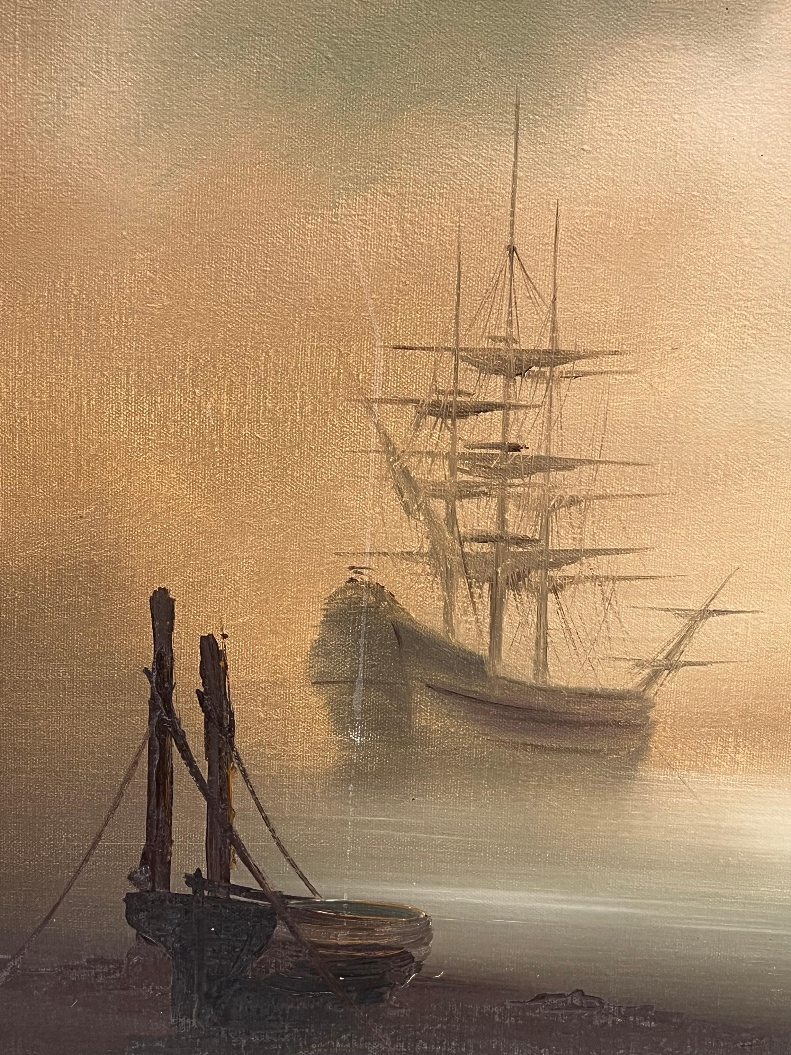 Traditional English Maritime Oil Painting Misty Harbour Tall Ships Anchored Dusk For Sale 9