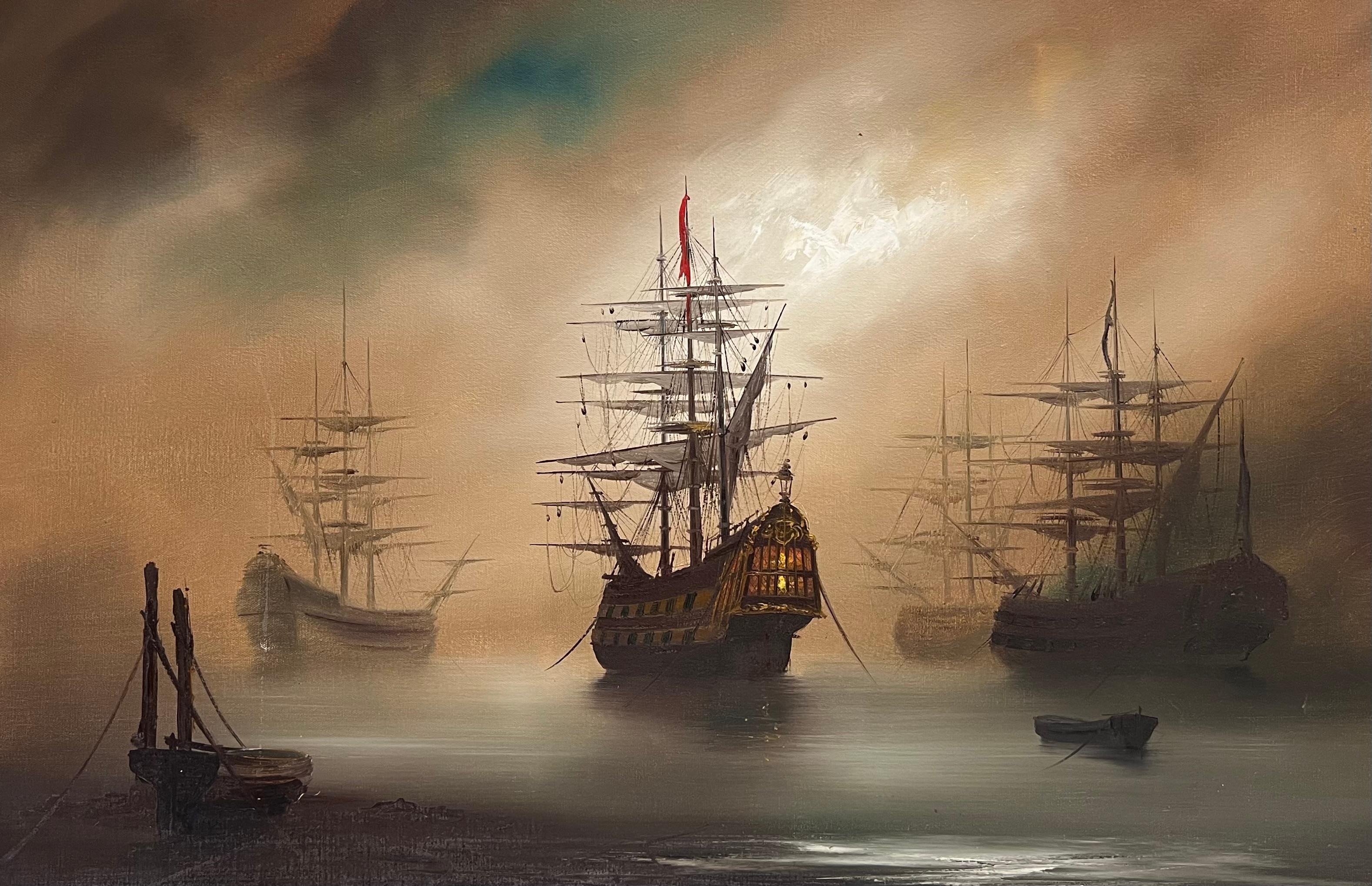 Traditional English Maritime Oil Painting Misty Harbour Tall Ships Anchored Dusk - Black Landscape Painting by Hilton