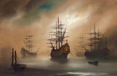 Traditionelles englisches maritimes Ölgemälde Misty Harbour Tall Ships Anchored Dusk