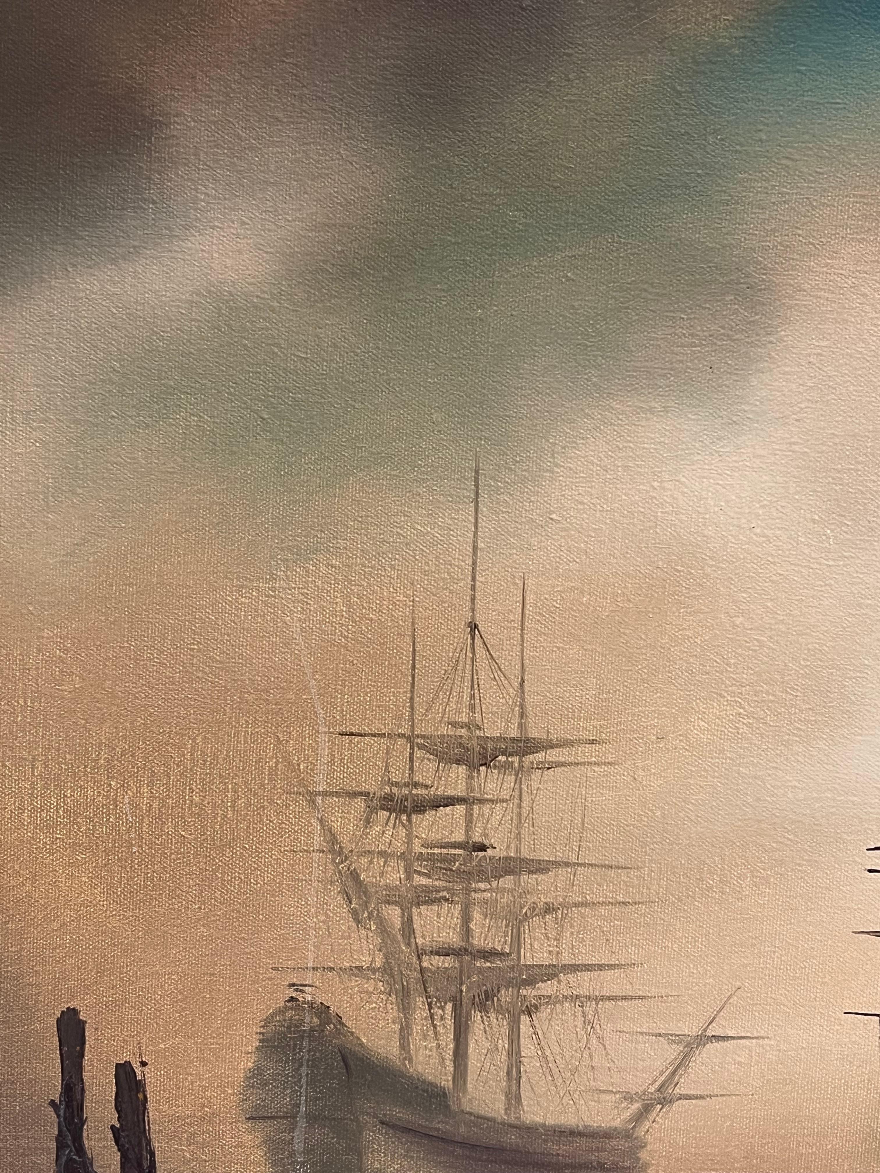 Anchored for the Night
English School, circa 1970
signed oil on canvas, framed 
framed: 26 x 38 inches
canvas: 25 x 35 inches
Provenance: private collection, UK
Condition: a few surface scuff marks but overall very good condition

For more any more
