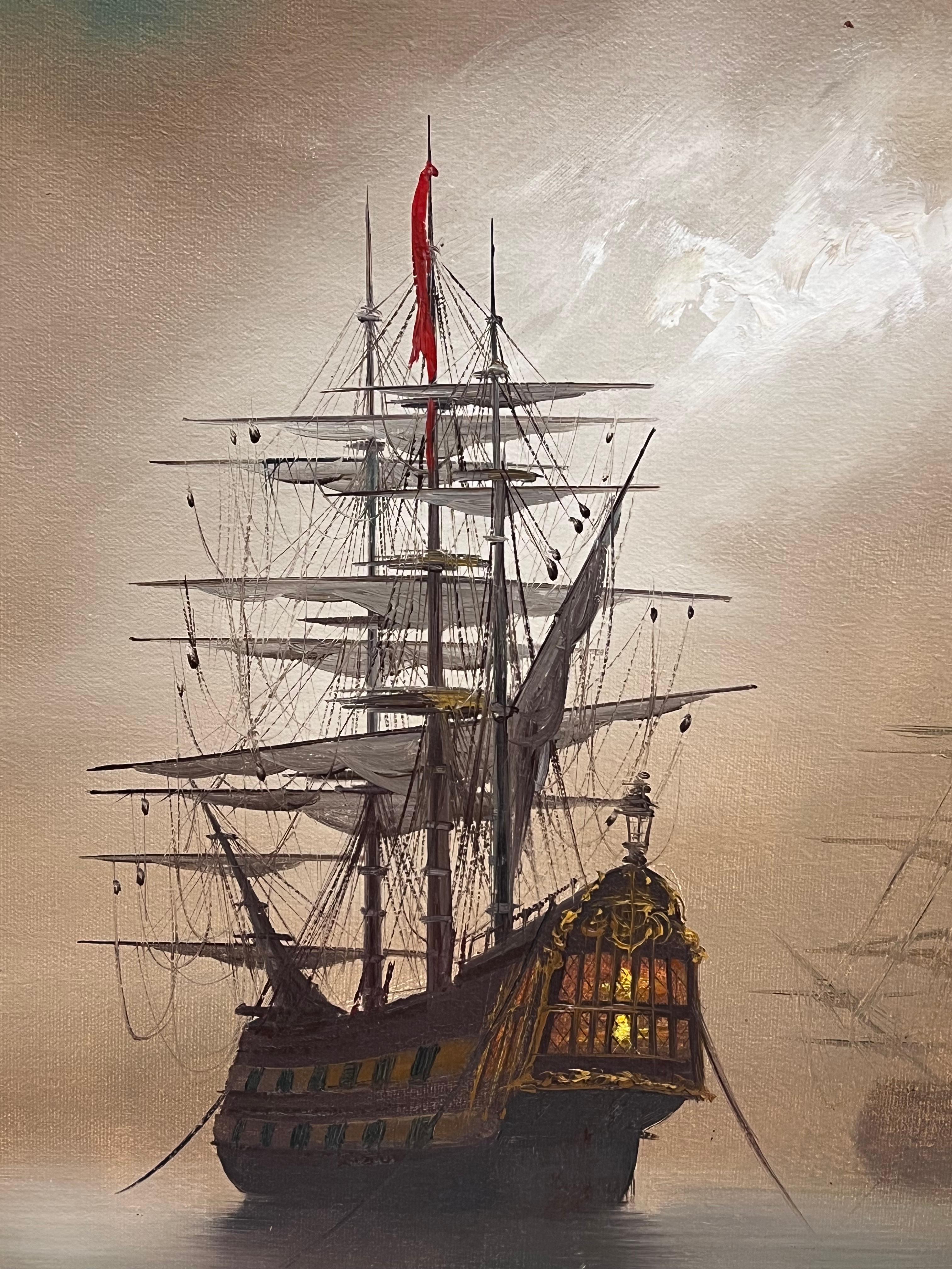 Traditional English Maritime Oil Painting Misty Harbour Tall Ships Anchored Dusk For Sale 1