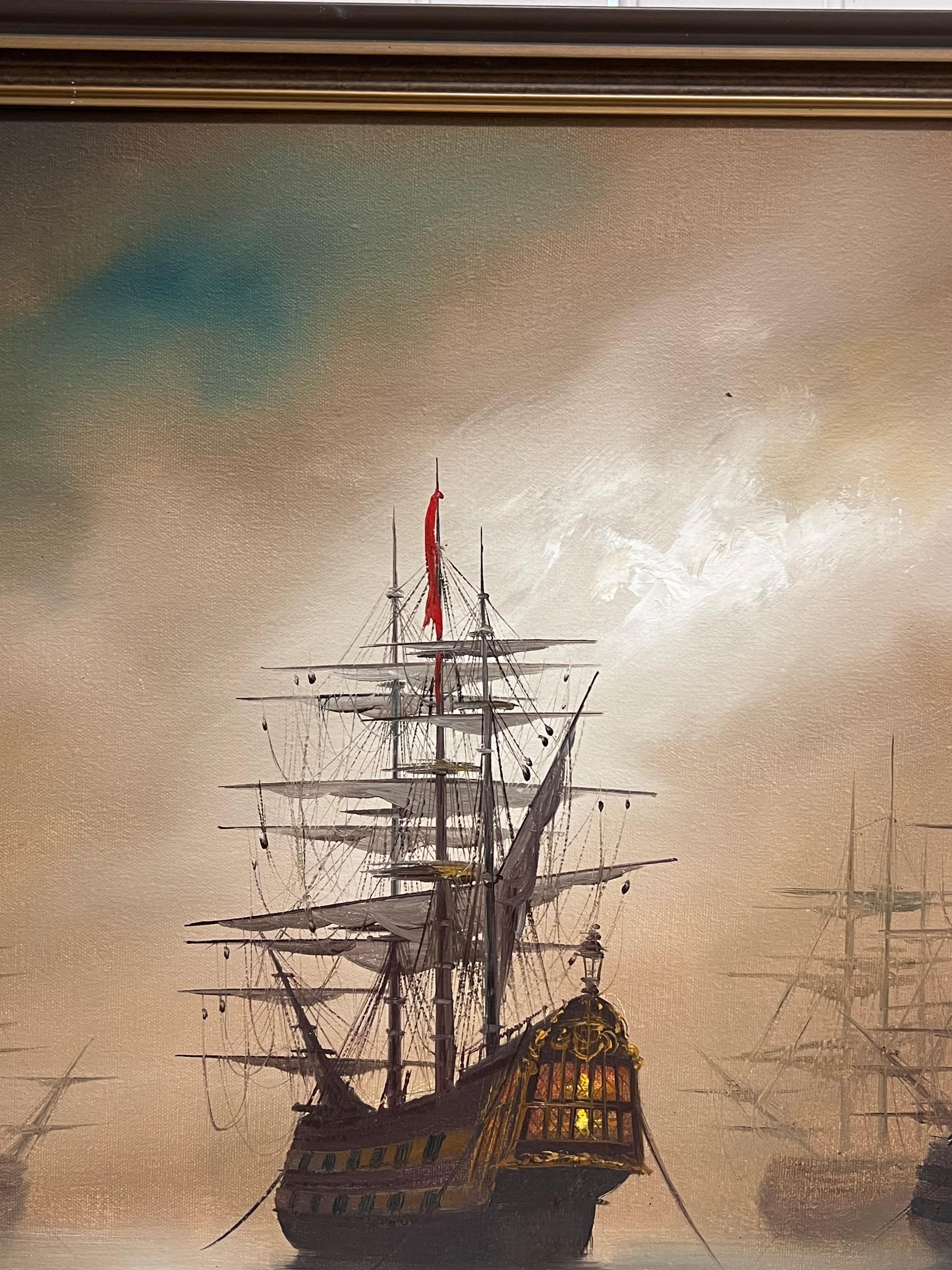 Traditional English Maritime Oil Painting Misty Harbour Tall Ships Anchored Dusk For Sale 2