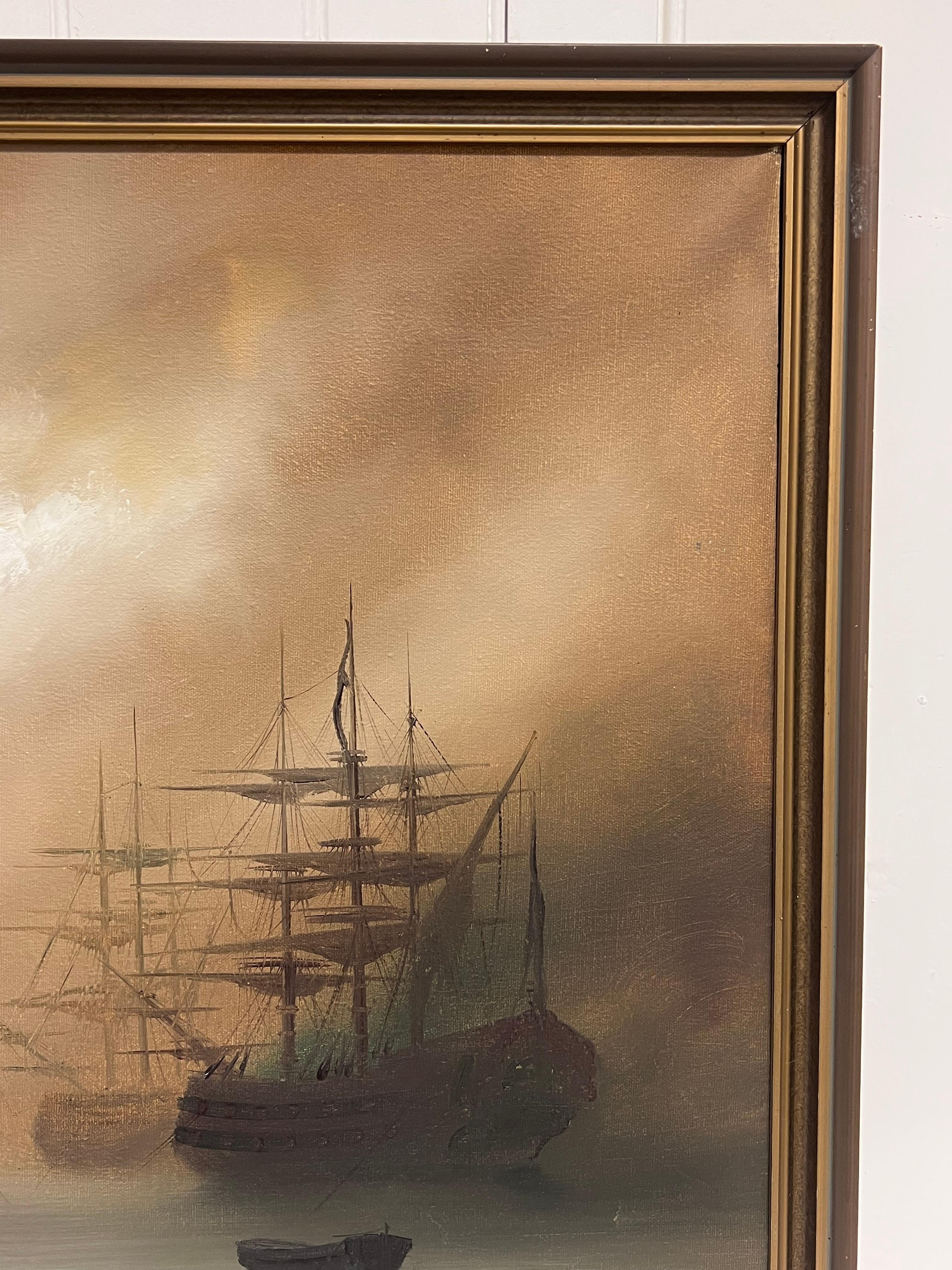 Traditional English Maritime Oil Painting Misty Harbour Tall Ships Anchored Dusk For Sale 3